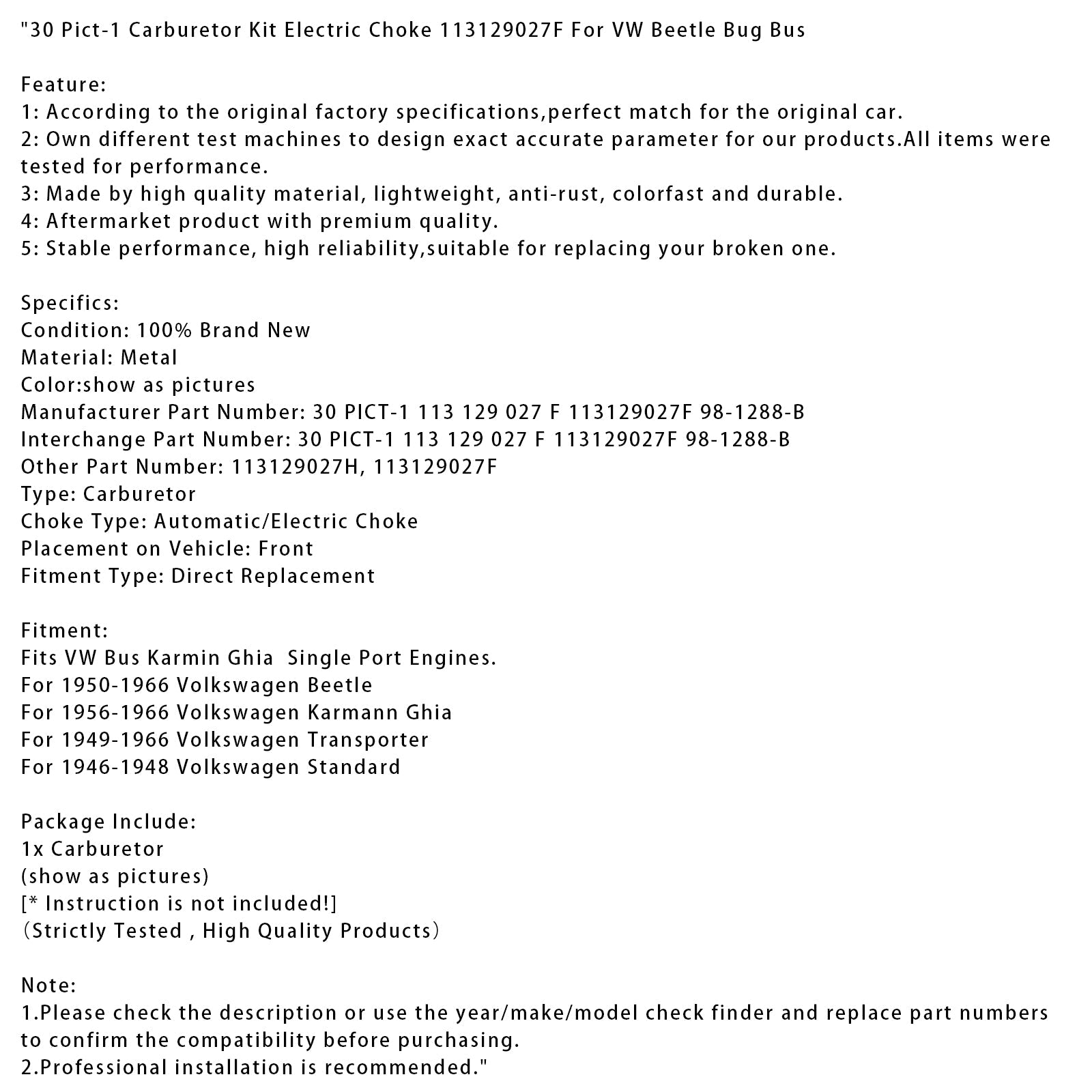 Kit carburateur avec starter électrique pour Volkswagen Karmann Ghia 30 Pict-1 (1956-1966) 113129027F