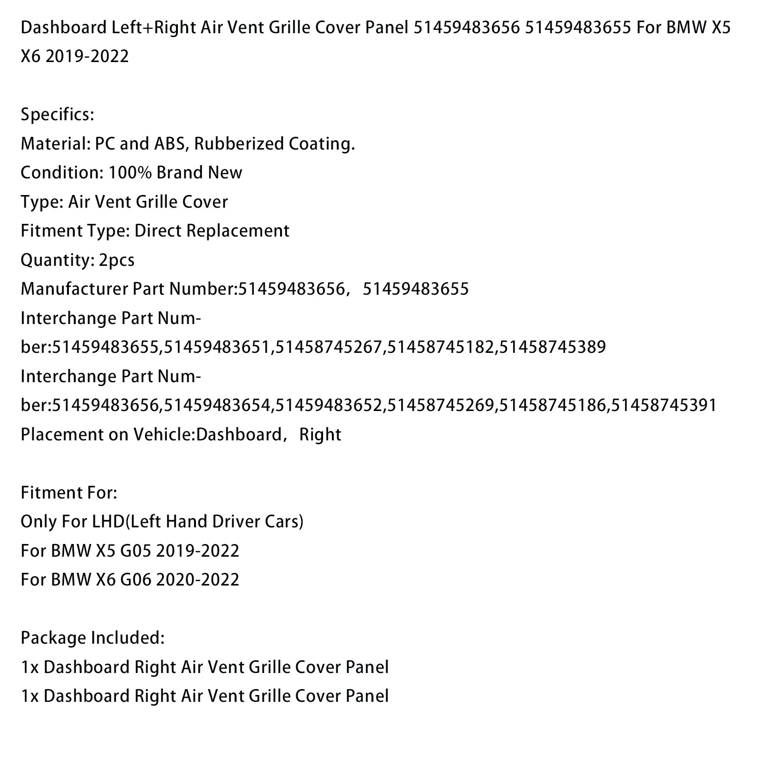Presa d'aria sul cruscotto sinistra e destra 51459483656 51459483655 per BMW X5 X6 2019-2022