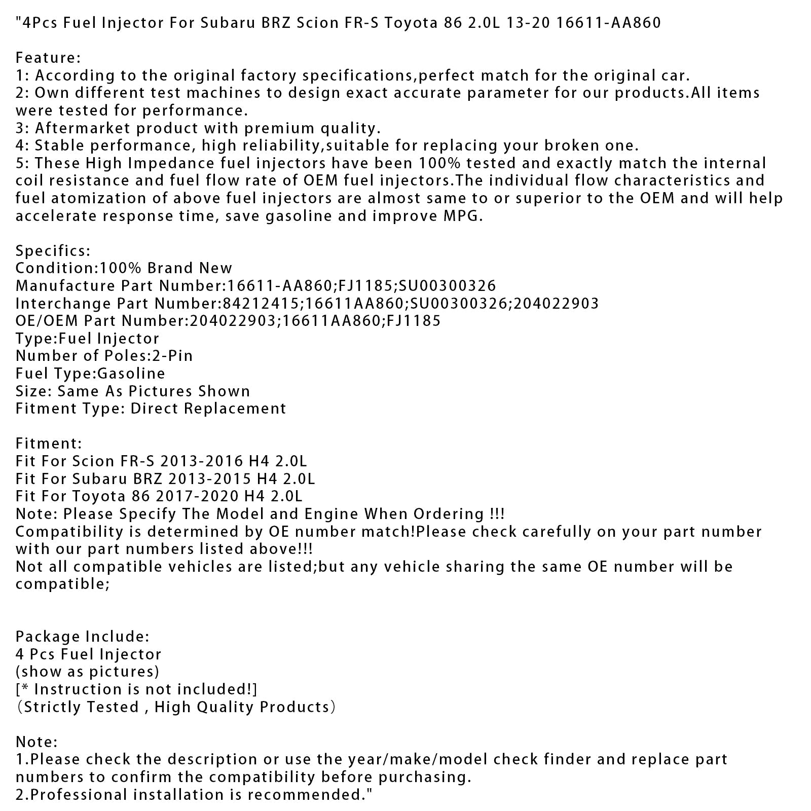 4 injecteurs de carburant pour Subaru BRZ, Scion FR-S et Toyota 86 2.0L (2013-2020) - Référence : 16611-AA860