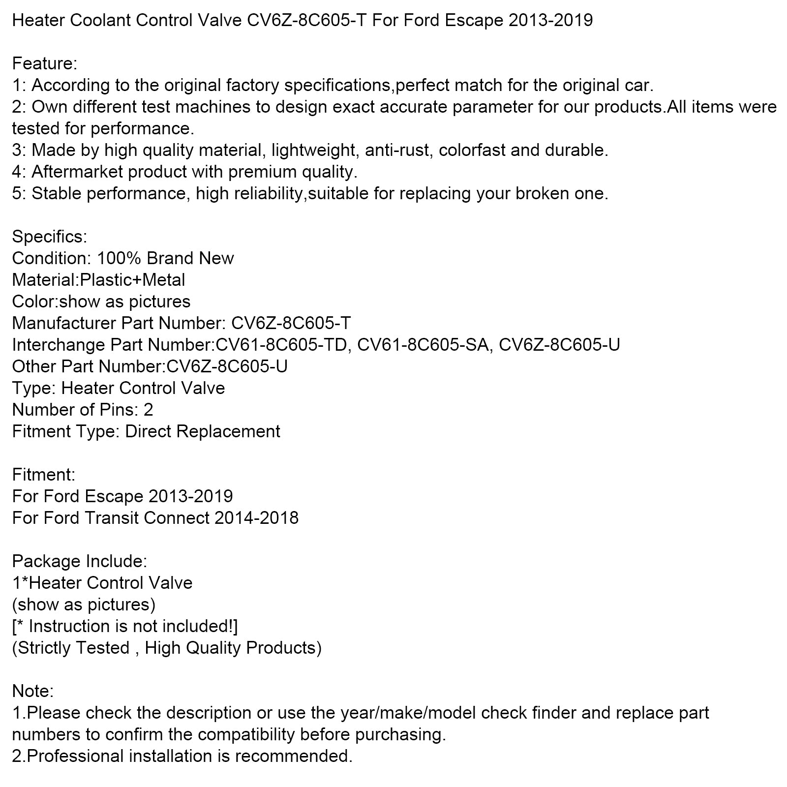 Valvola di controllo del liquido di raffreddamento del riscaldatore CV6Z-8C605-T per Ford Escape 2013-2019