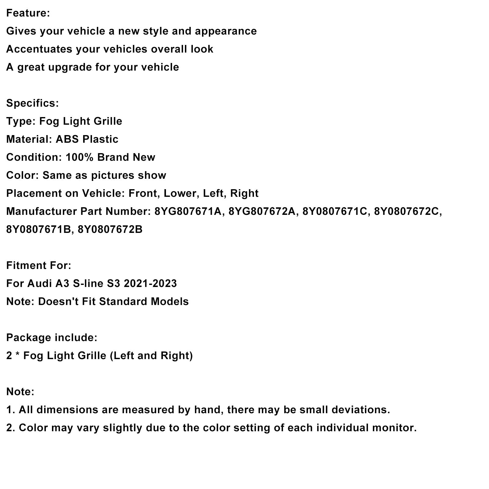 Griglia di copertura dei fendinebbia anteriori nera con motivo a nido d'ape'ape per Audi A3 S-line (2021-2023)