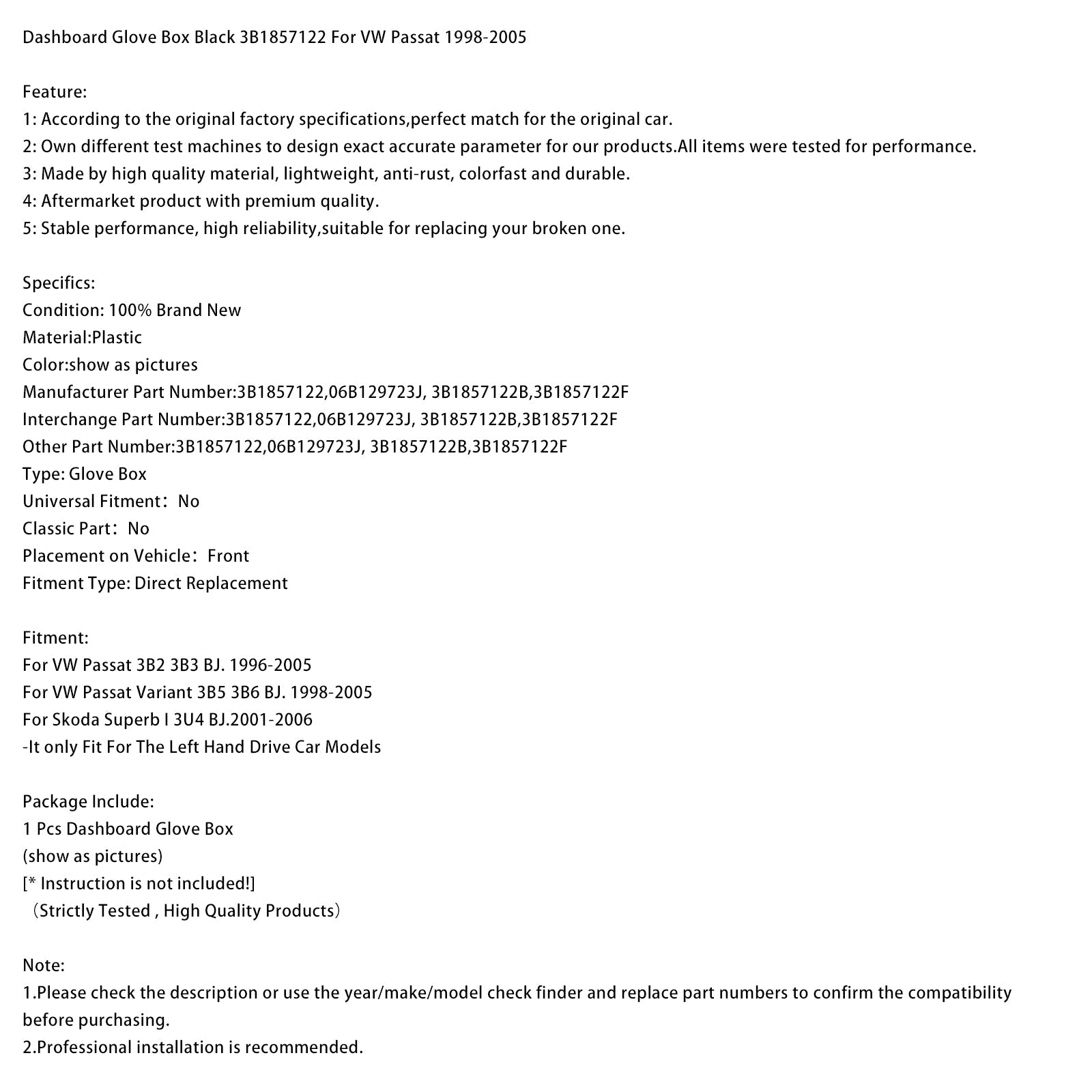 Vano portaoggetti cruscotto nero 3B1857122 per VW Passat 1998-2005