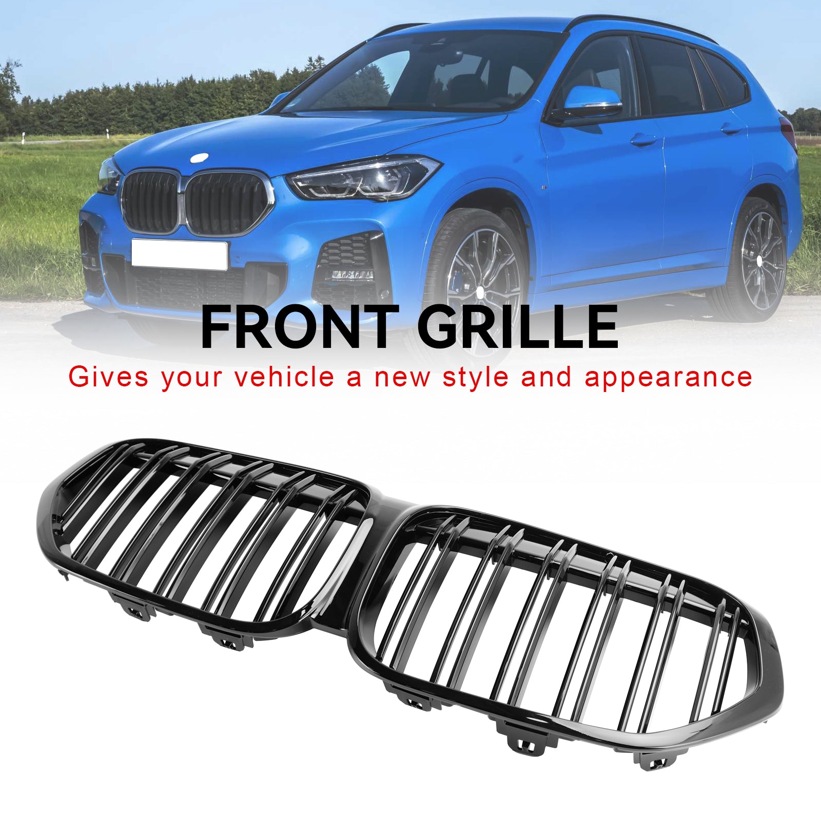 Gloss Black Front Nier Grill Grill voor BMW X1 F48 F49 2019-2021 Dubbele lat