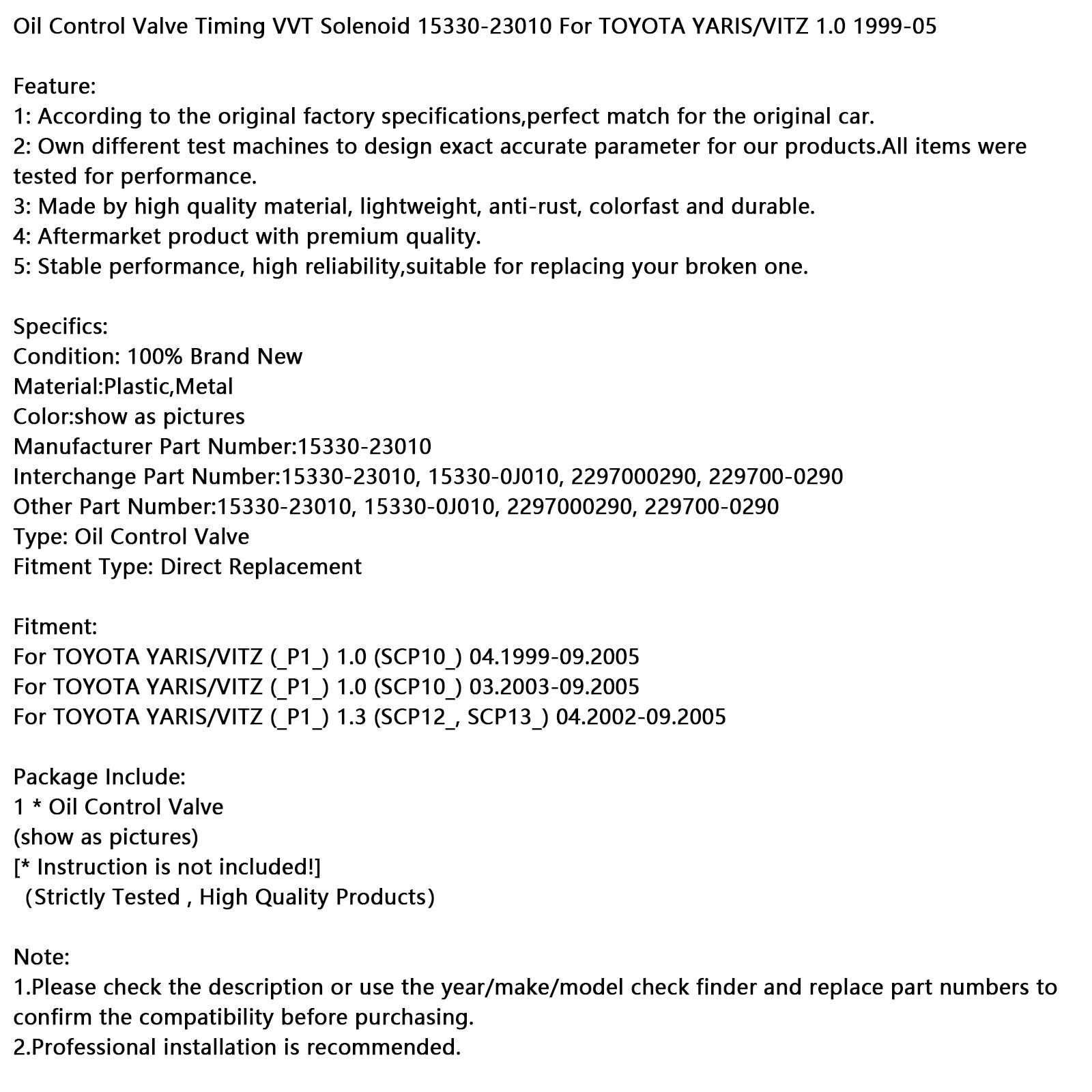 Electroválvula de distribución'Aceite VVT 15330-23010 para Toyota Yaris 1999-2005