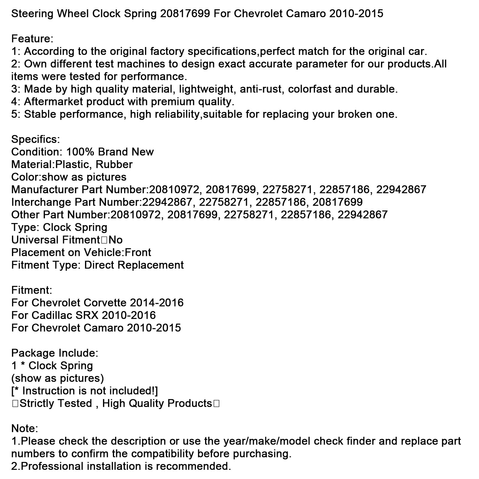 Ressort de volant 20817699 pour Chevrolet Camaro 2010-2015