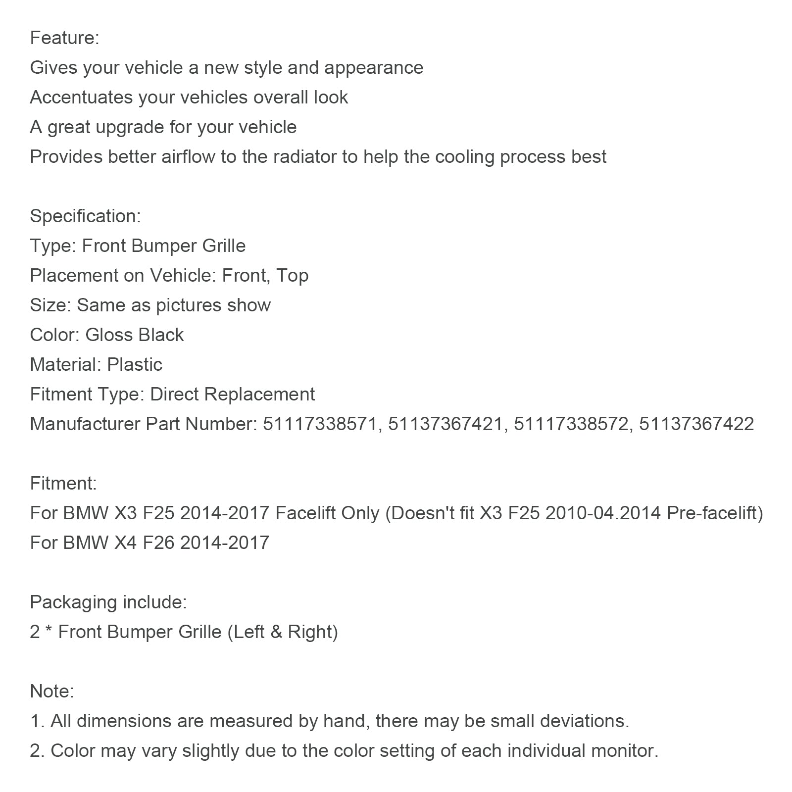 Błyszcząca czarna kratka przedniego zderzaka dla BMW X3 X4 F25 F26 2014-2017