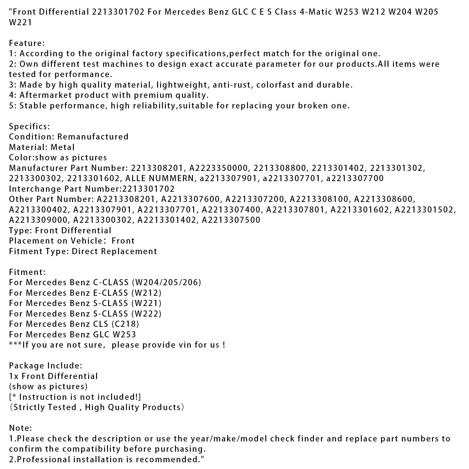 Przedni mechanizm różnicowy 2213301702 do Mercedesa Benz GLC CES Class 4-Matic W253 W21