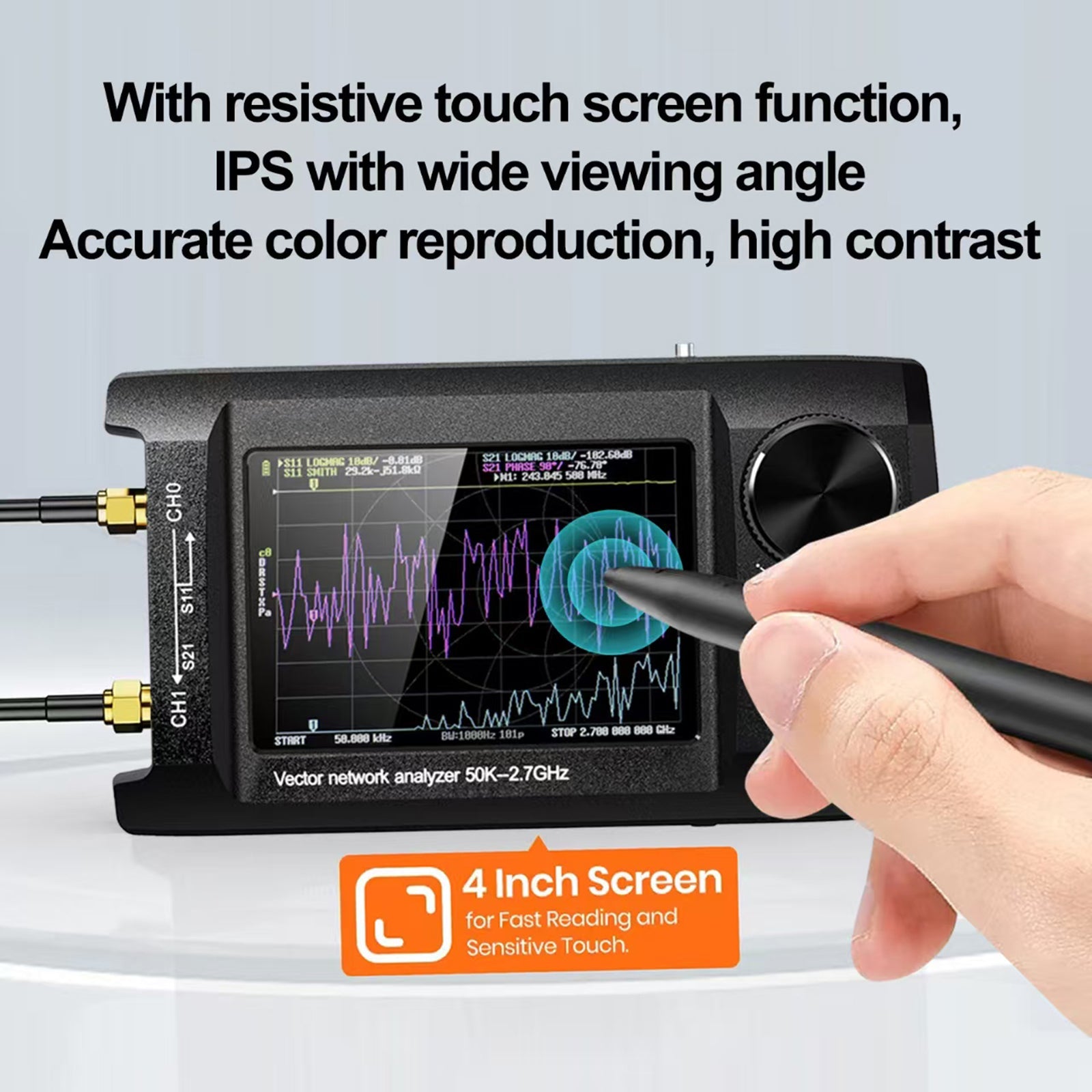 Izboljšan ročni vektorski omrežni analizator NanoVNA Plus 50 kHz–2,7 GHz (4-palčni)
