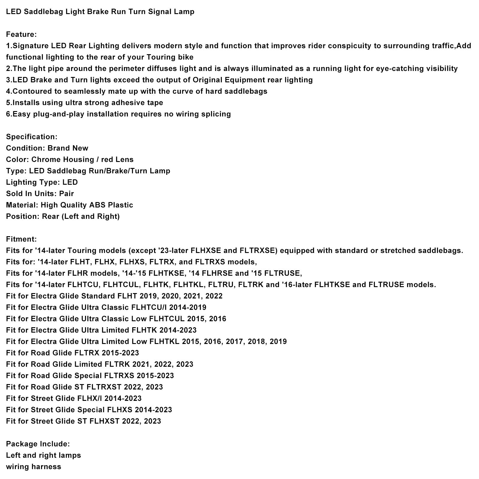 Luz de sillín, luz de freno, luz de marcha y luz de señal de giro para Touring Road Glide 2014-2023