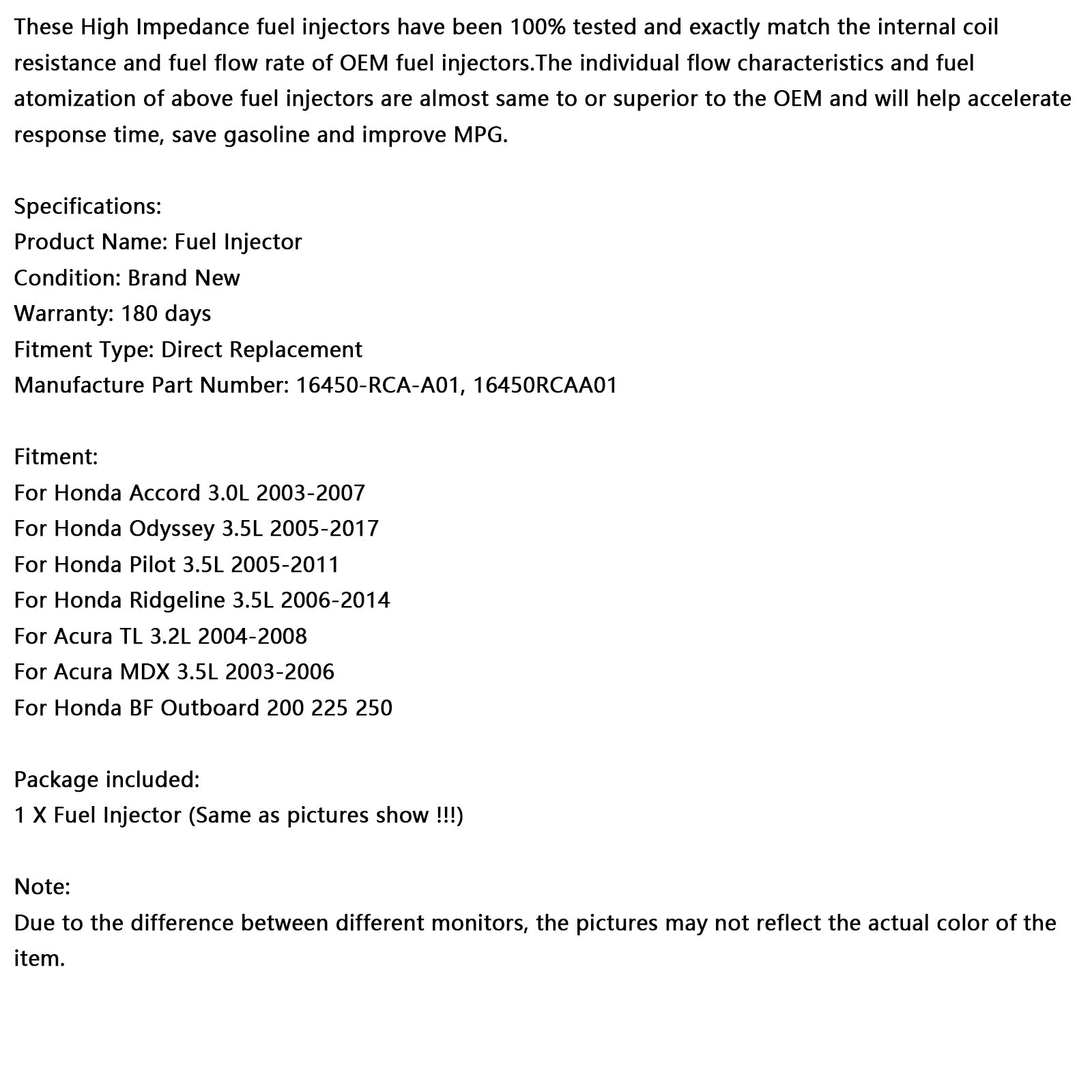 Iniettore di carburante 16450-RCA-A01 per Honda MDX TL Control Acura Acura