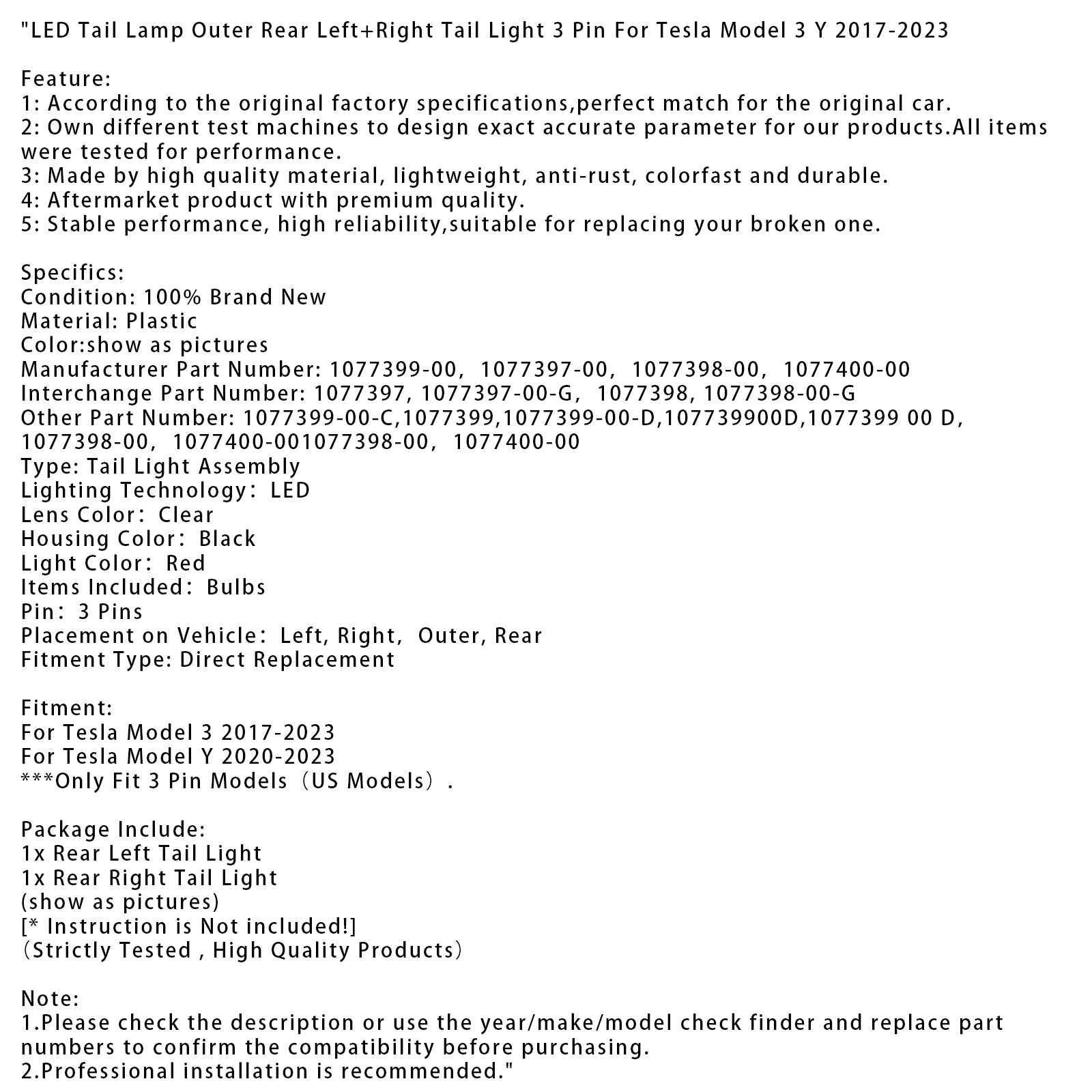 Leva in desna LED zadnja luč 3Pin za Tesla Model 3 Y 2017-2023