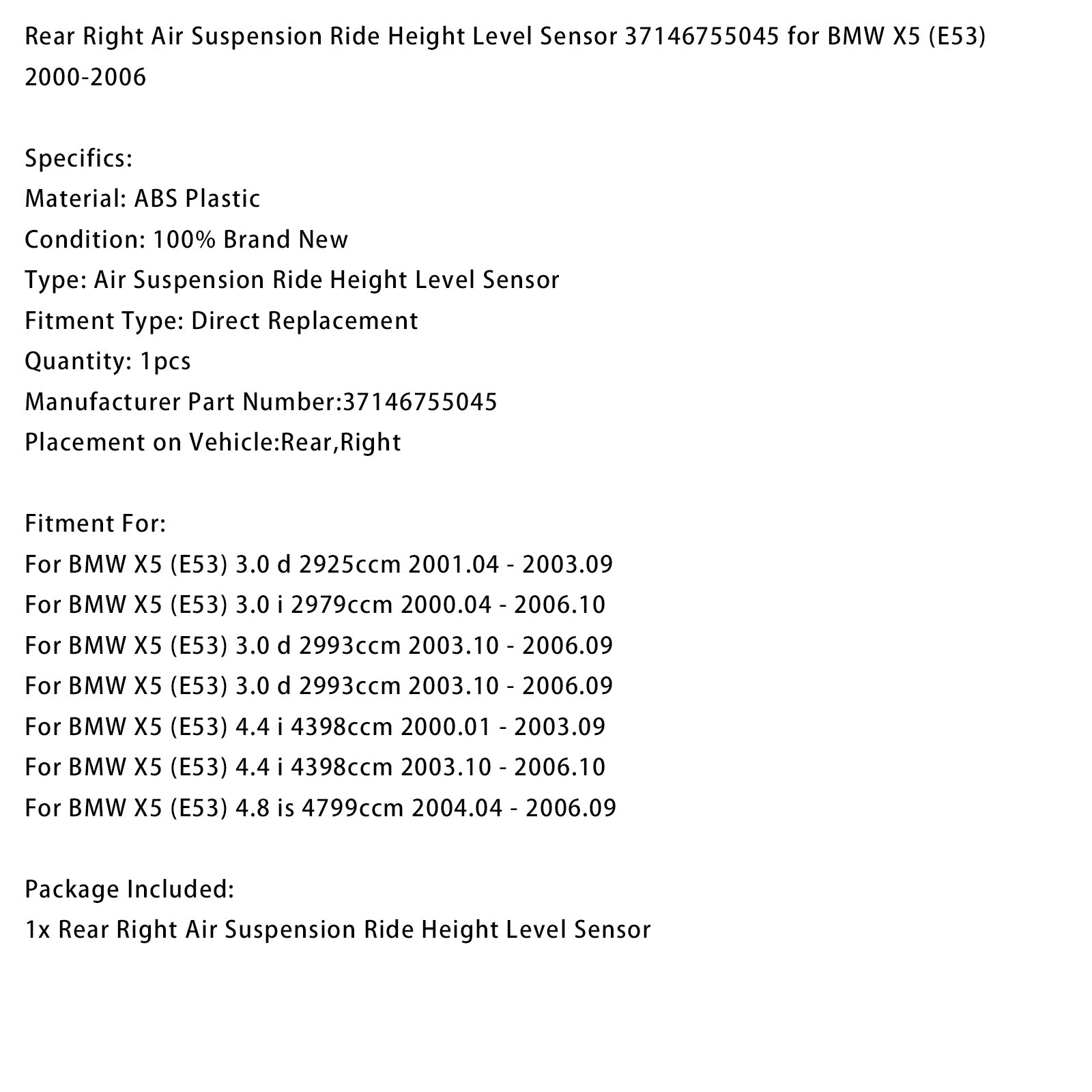 Sensore di livello posteriore destro 37146755045 per BMW X5 (E53) 2000-2006
