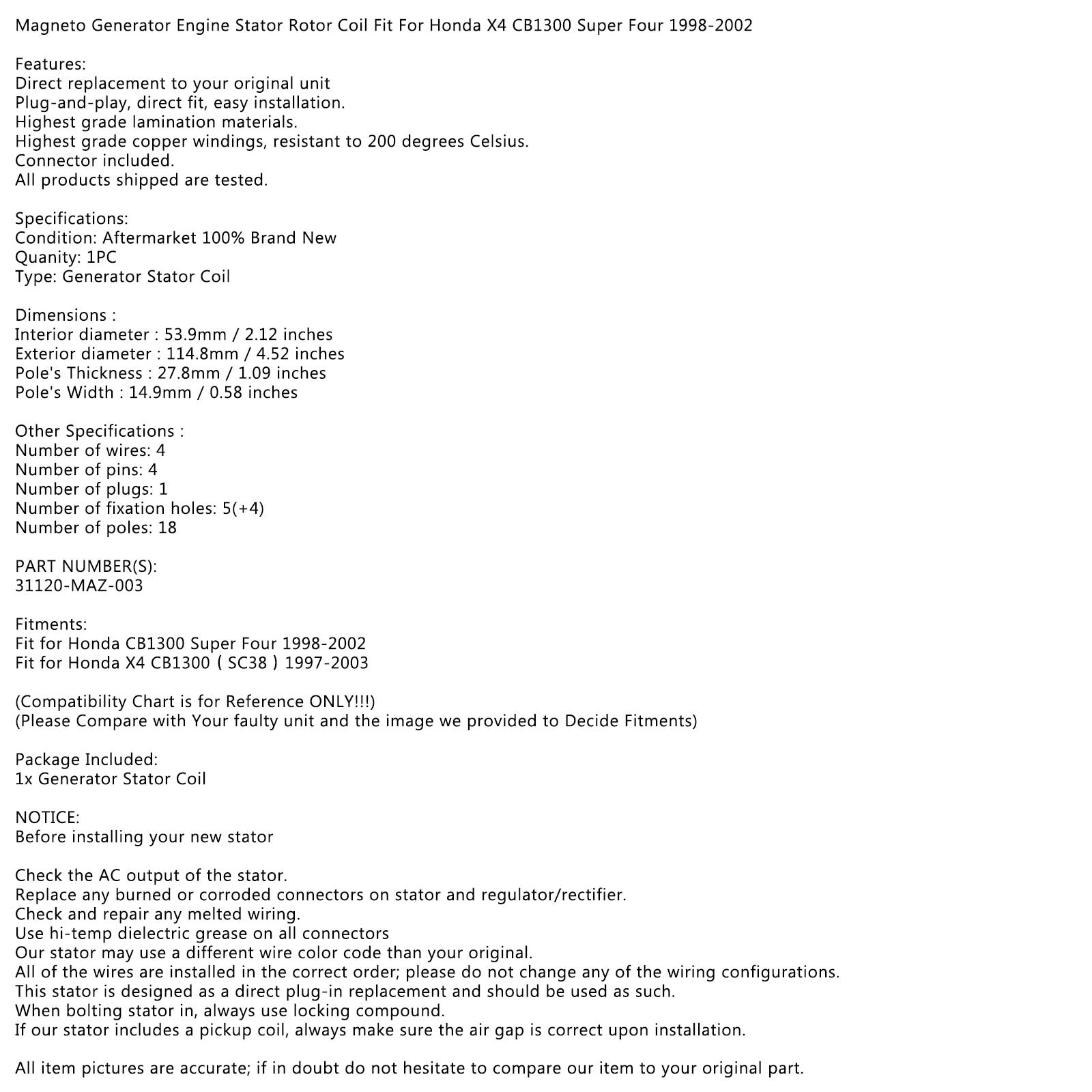 Dynamo Stator voor Honda CB1300 Super Four X4 CB1300 SC38 1998-2002