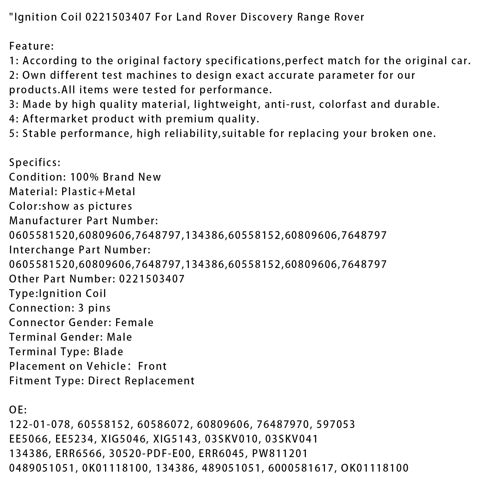 Bobina de'Encendido 0221503407 para Land Rover Discovery Range Rover