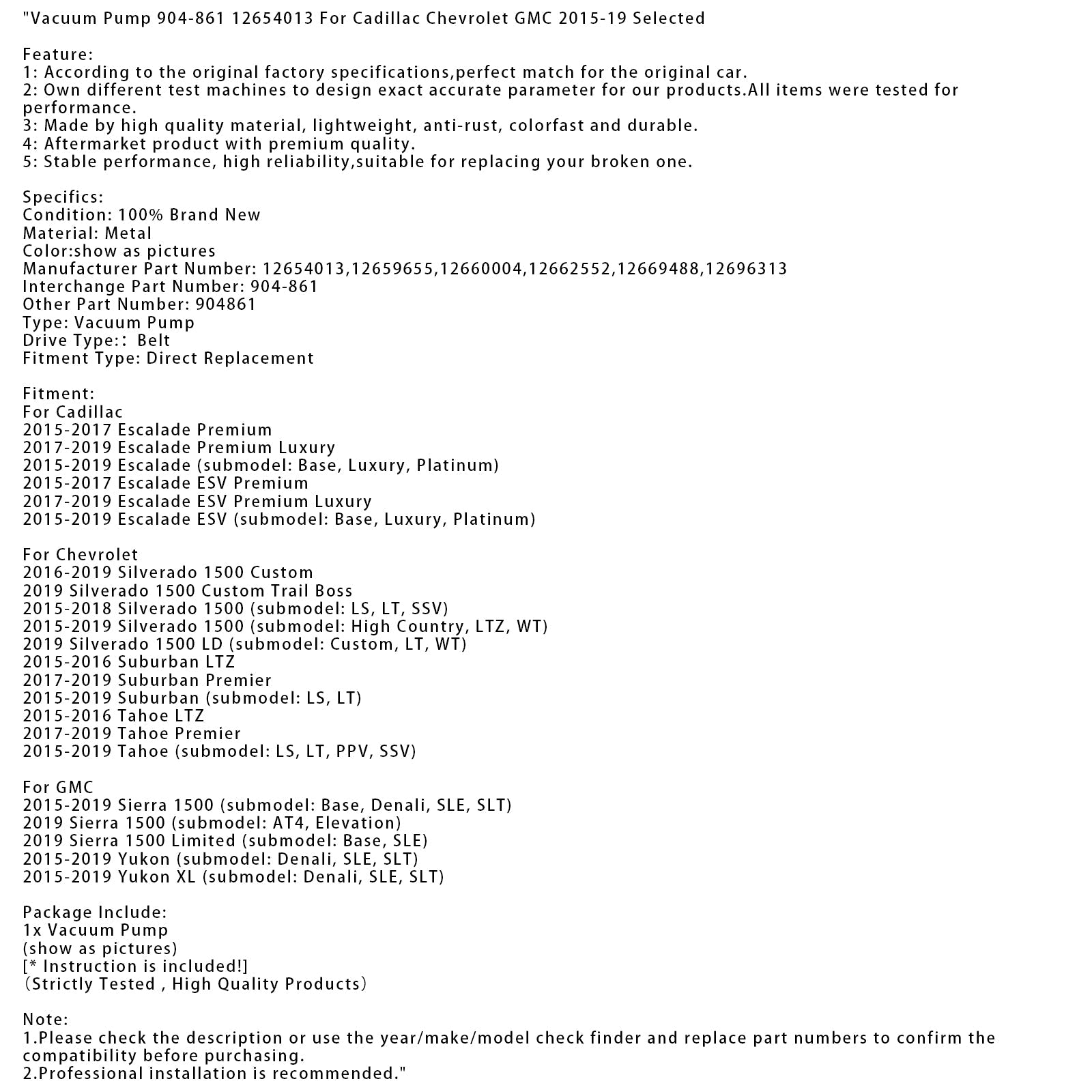 Pompa próżniowa Chevrolet Tahoe LTZ 2015-2016 904-861 12654013 12659655 904-861