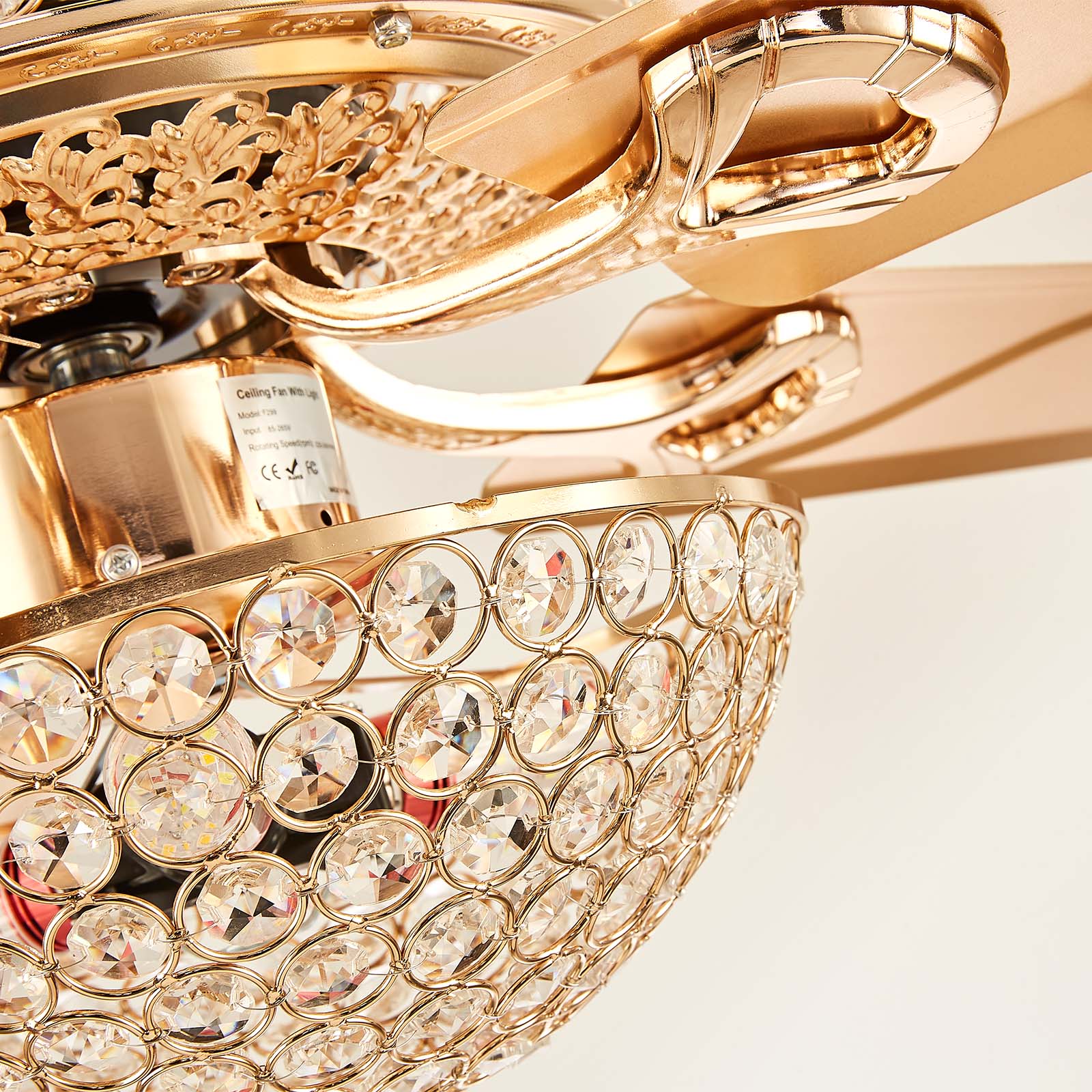 Ventilateur de Plafond Doré avec Lustre en Cristal 52" – Éclairage LED, Télécommande, 5 Pales, 6 Vitesses