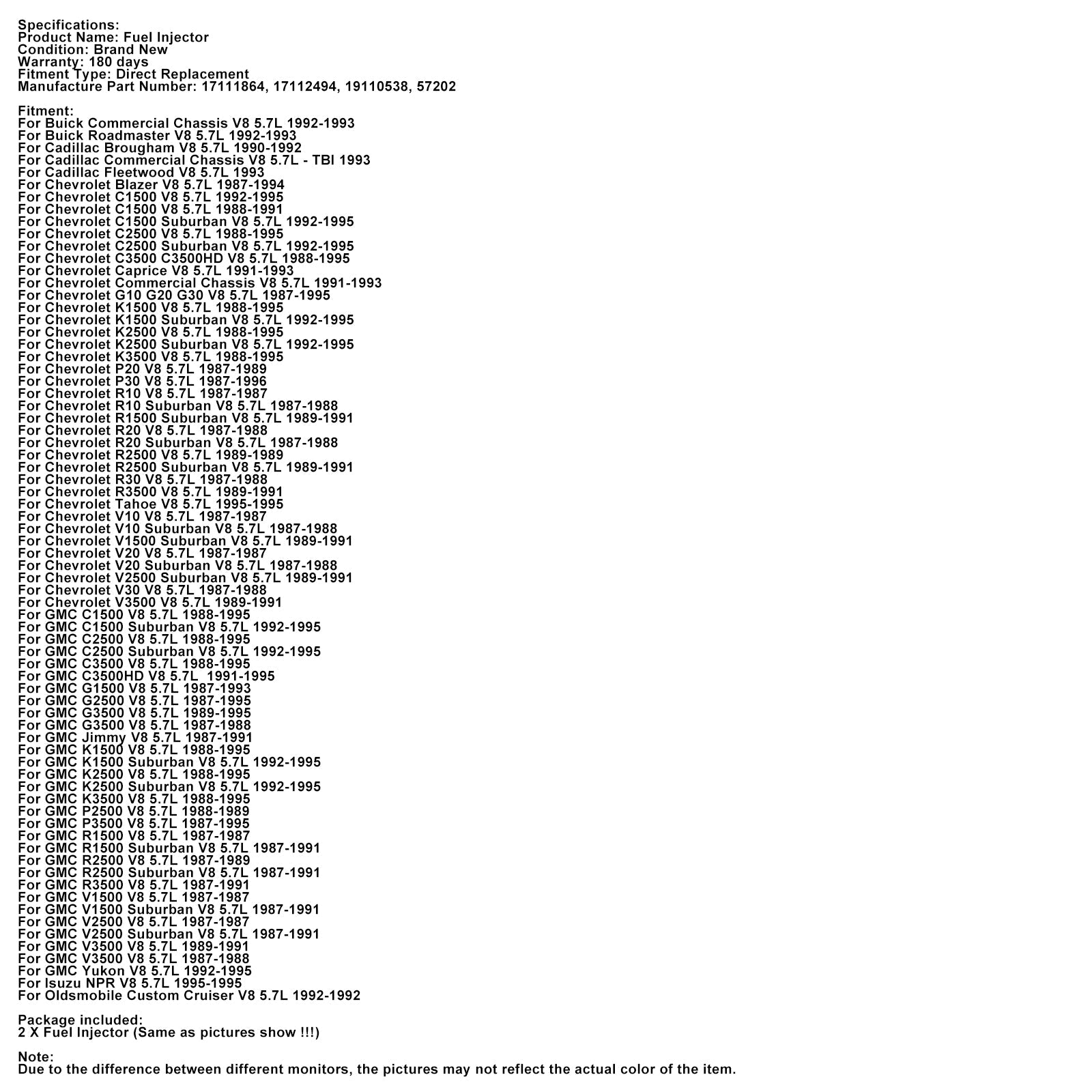 Lot de 2 injecteurs de carburant 17111864 pour Chevrolet Tahoe, GMC Yukon, Buick V8 5,7 L