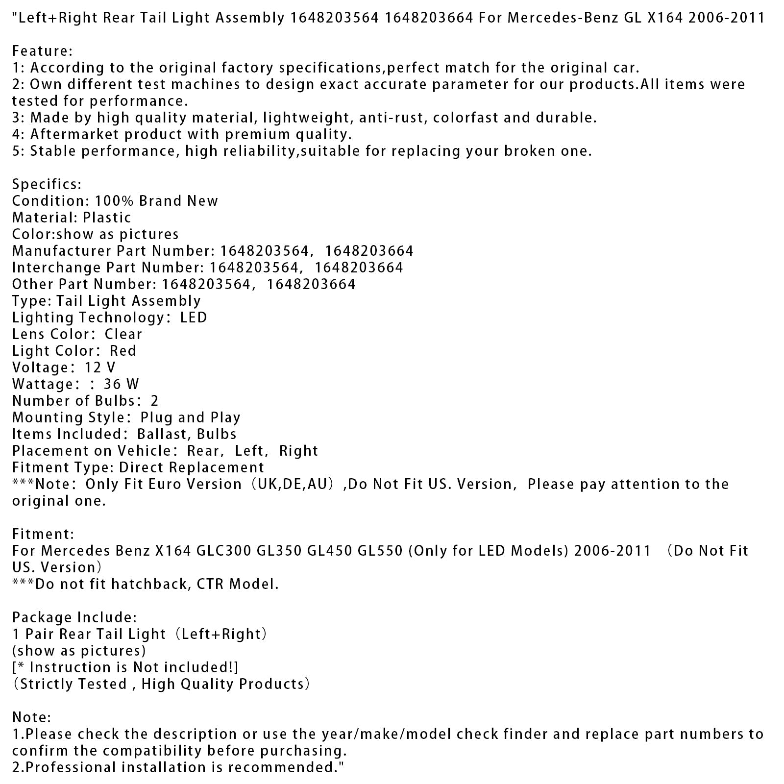 Ensemble de feux arrière gauche et droit pour Mercedes-Benz X164 GLC300 GL350 GL450 GL550 (2006-2011) - Références : 1648203564 et 1648203664