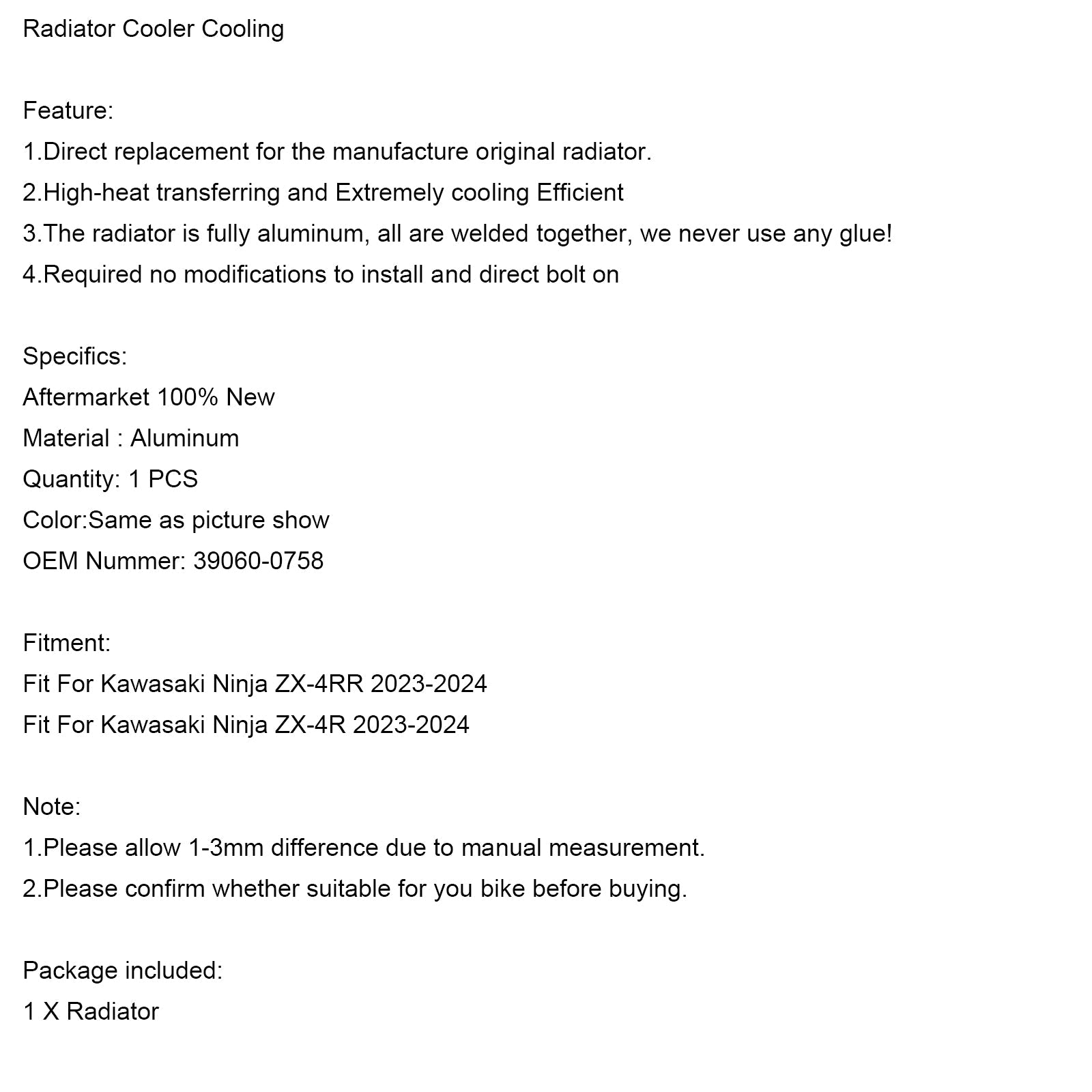 Radiatore di raffreddamento del motore Kawasaki Ninja ZX-4R 2023-2024 39060-0758
