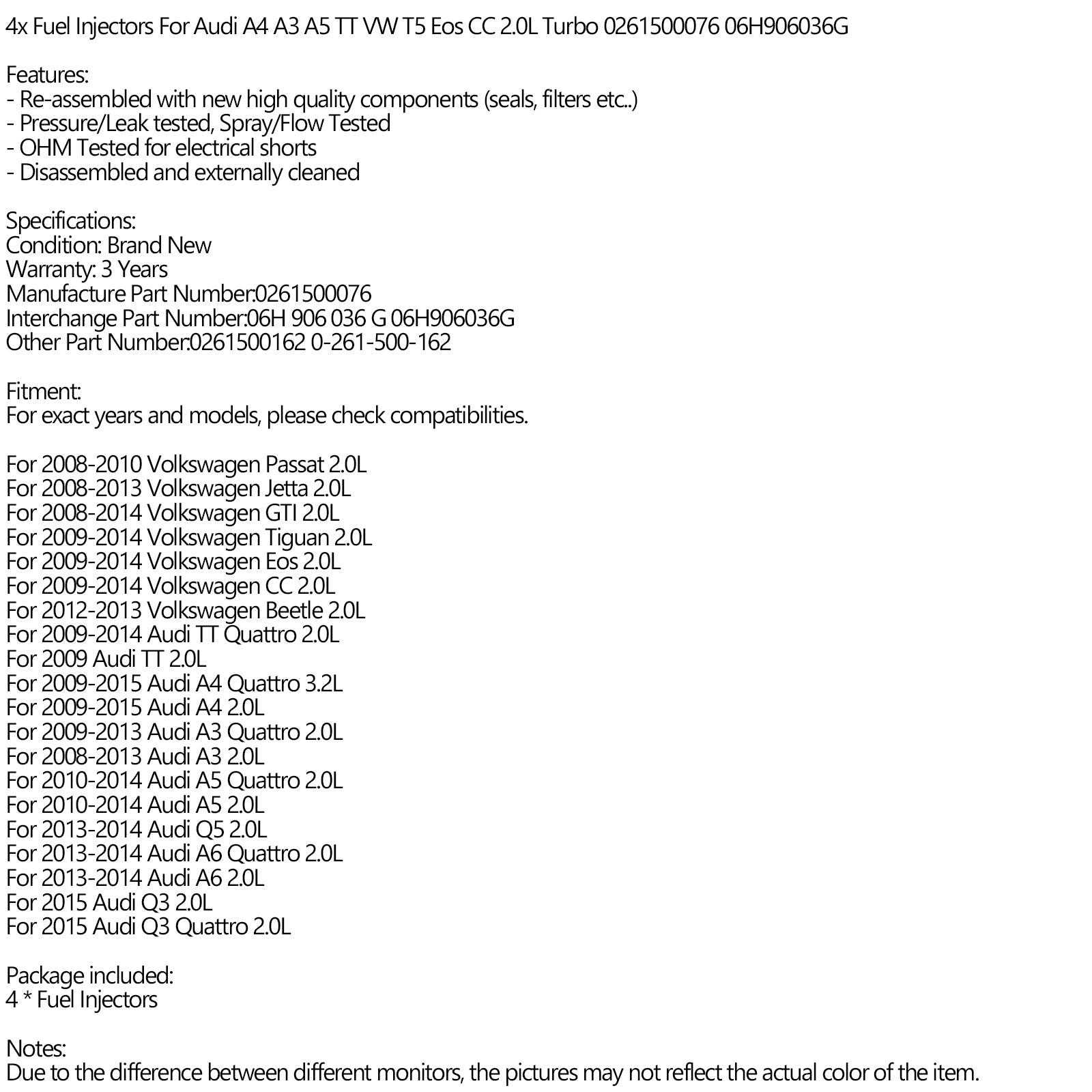 Injecteur Essence VAG 0261500076 - Neuf Pour 2009-2014 Volkswagen Eos 2.0L
