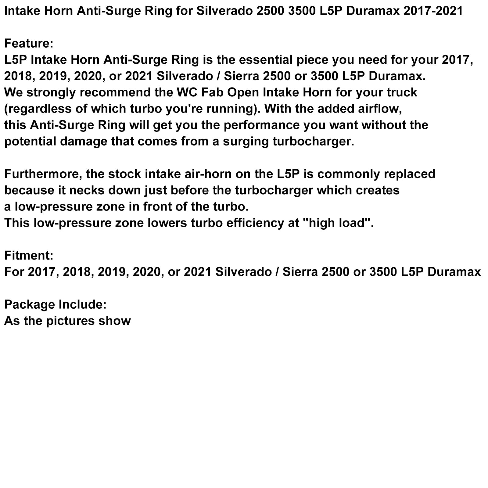 Pierścień przeciwprzepięciowy do 2017 Silverado 3500 L5P Duramax róg wlotowy 2021-2021