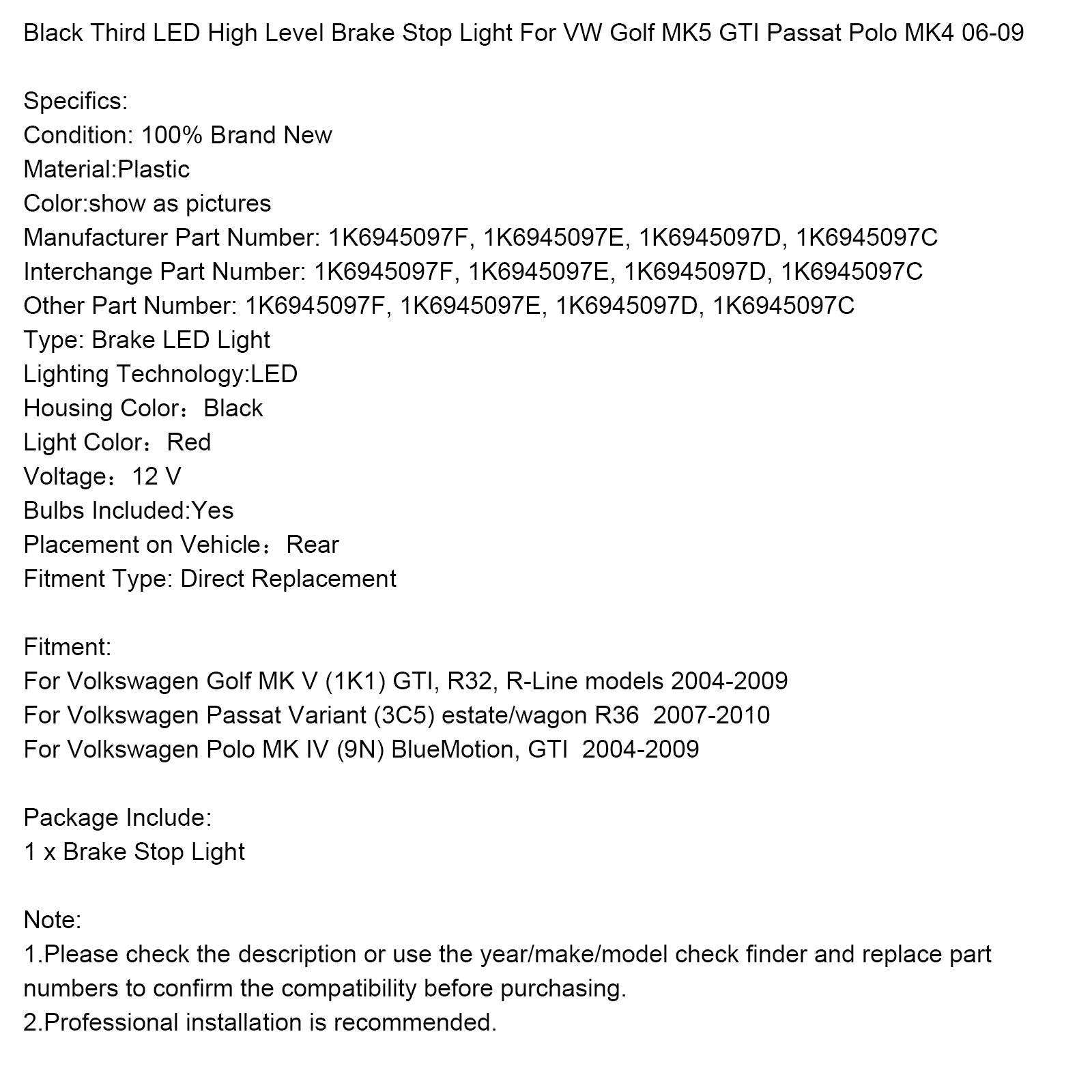 Troisième feu stop LED noir de haut niveau pour VW Golf MK5 GTI Passat Polo MK4
