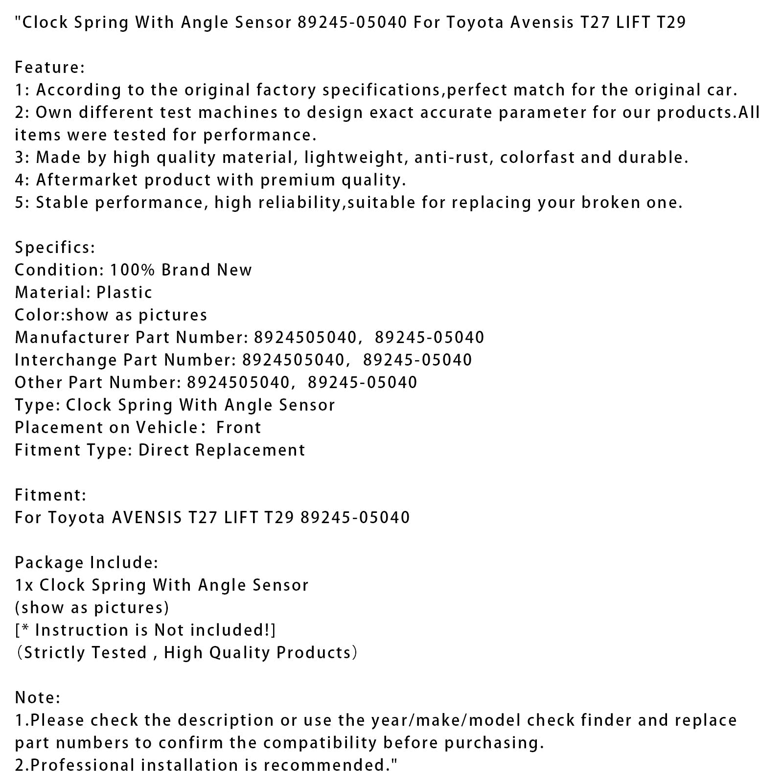 Molla di ritorno per Toyota Avensis T27 LIFT T29 con sensore angolare 89245-05040