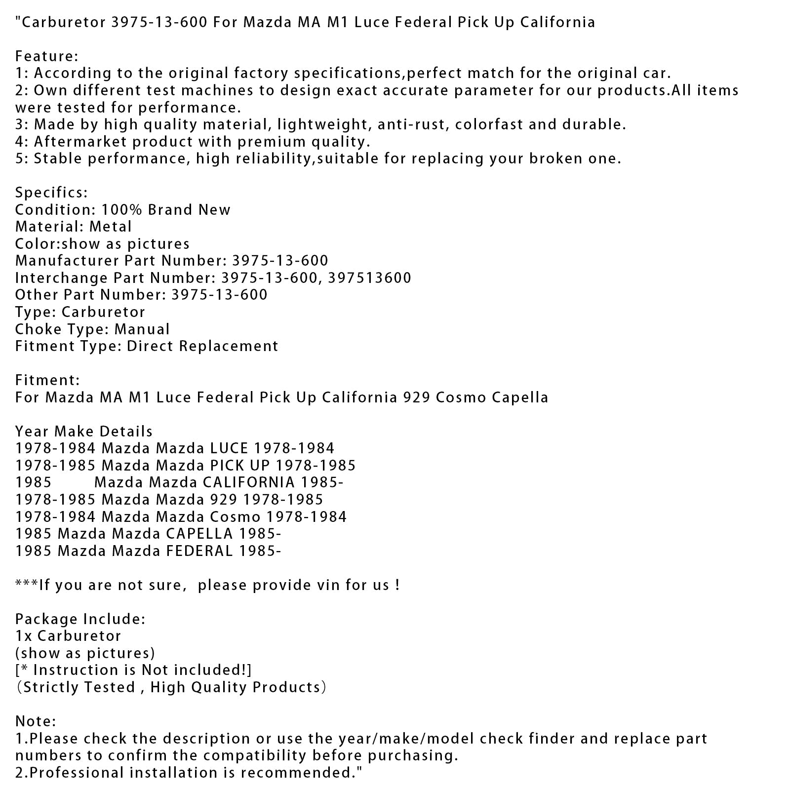 Carburador Mazda CAPELLA 3975-13-600 397513600 (desde 1985)