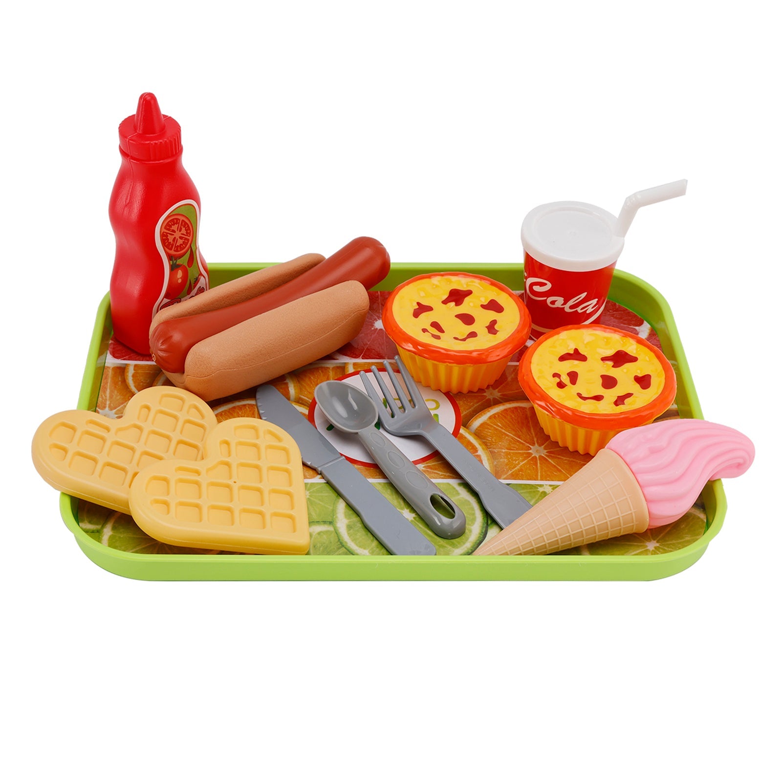 Set di cucina per bambini, torta di uova, waffle, gelato, bevande