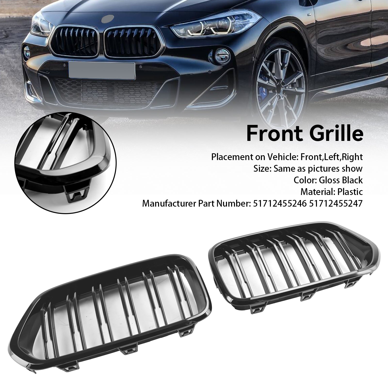 Gloss Black Front Bumper Grill Grille Pour BMW X2 Series F39 2018-2023