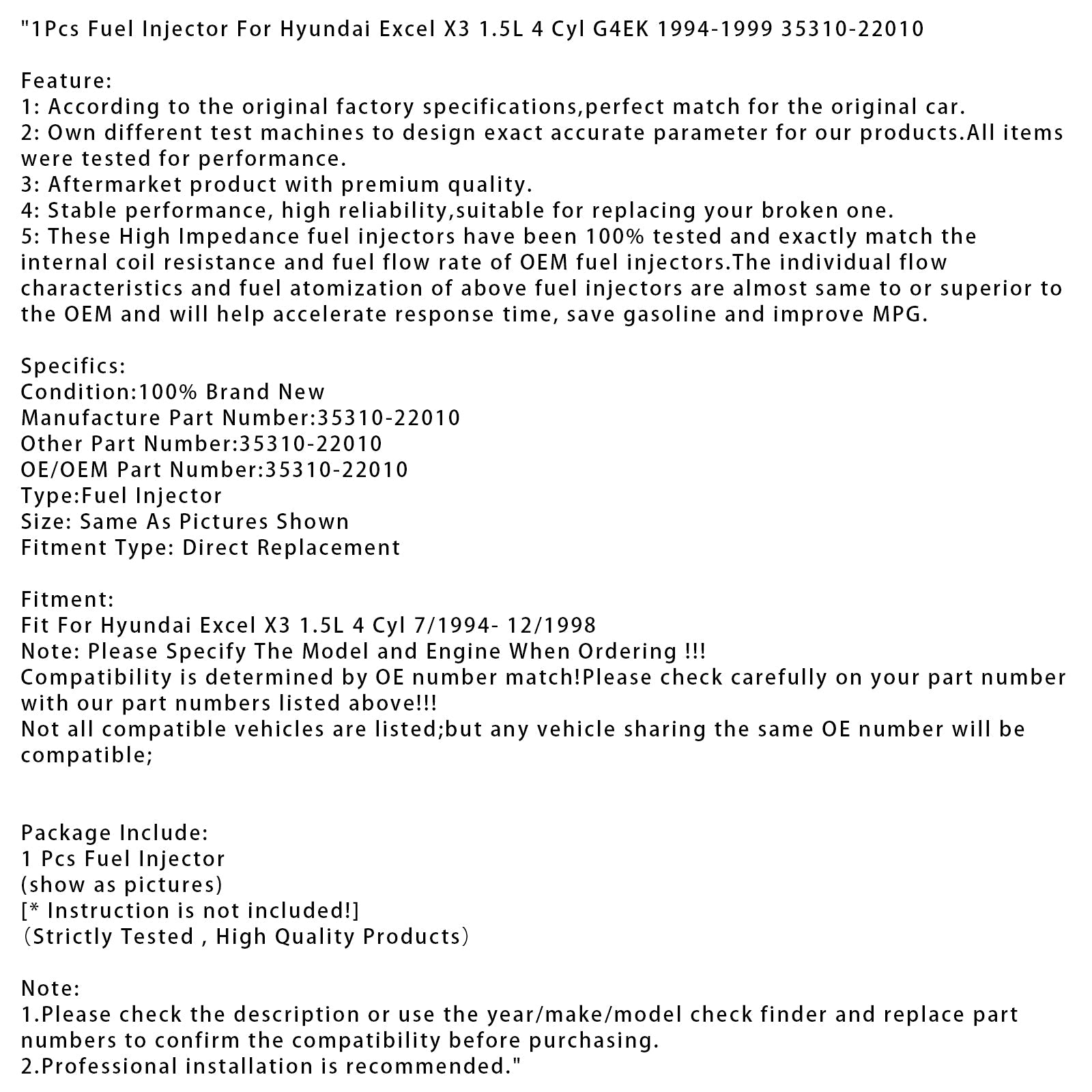 Injecteur de carburant (1 pièce) pour Hyundai Excel X3 1.5L 4 cylindres G4EK (1994-1999), référence 35310-22010