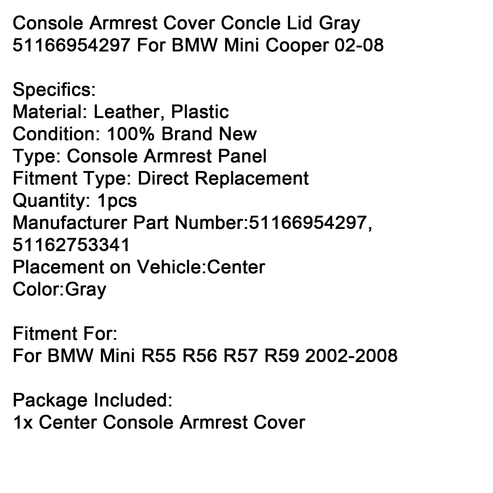 Naslovnica'Sivi naslon za roke v konzoli 51166954297 za BMW Mini Cooper 2002-2008