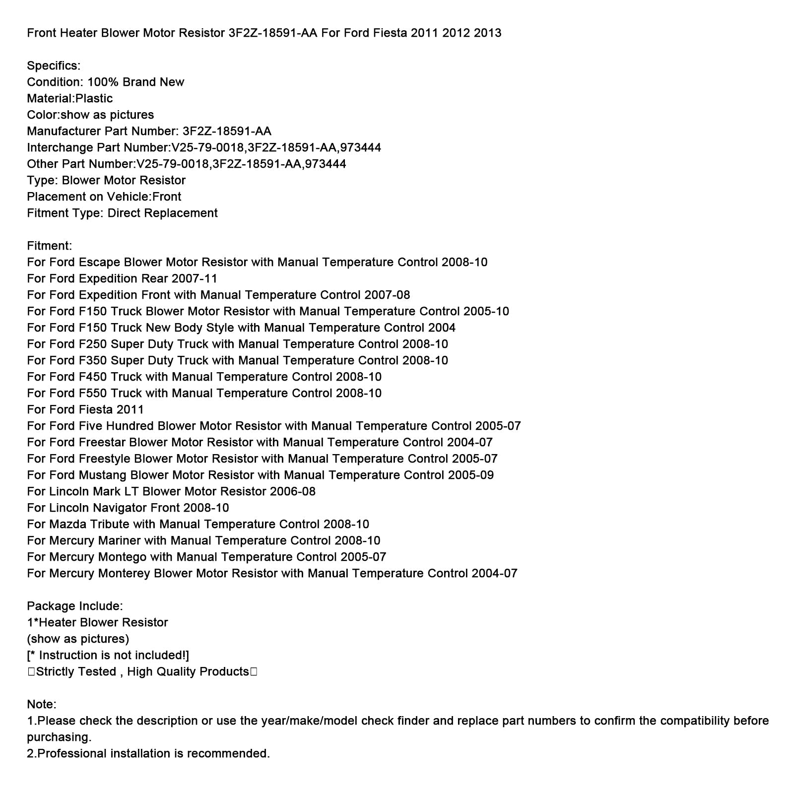 Resistencia del motor del ventilador de calefacción delantera 3F2Z18591-AA para Ford Fiesta 2011 2012 2013