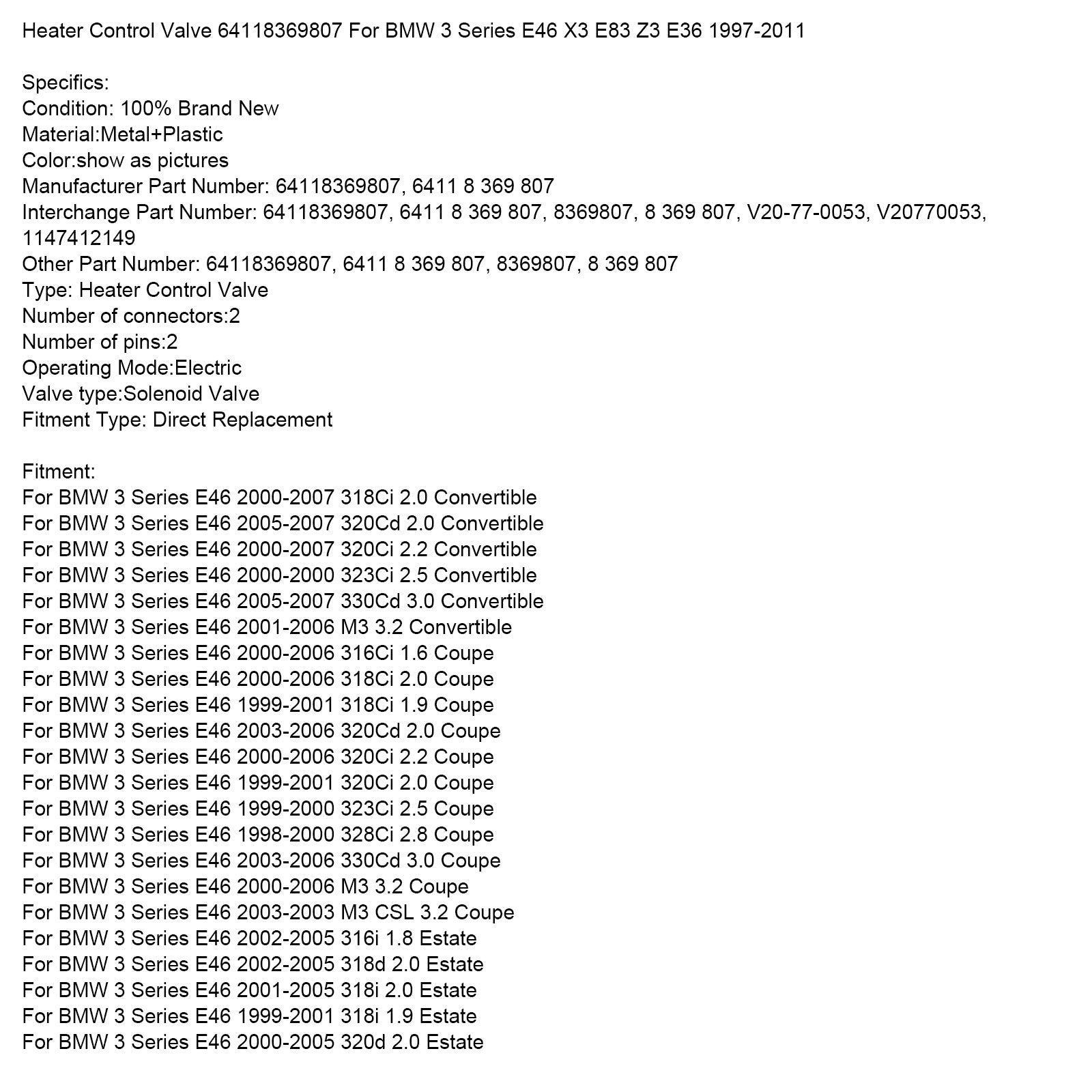 Soupape de commande de chauffage 64118369807 pour BMW Série 3 E46 316i 1.6 Berline 2002-2005