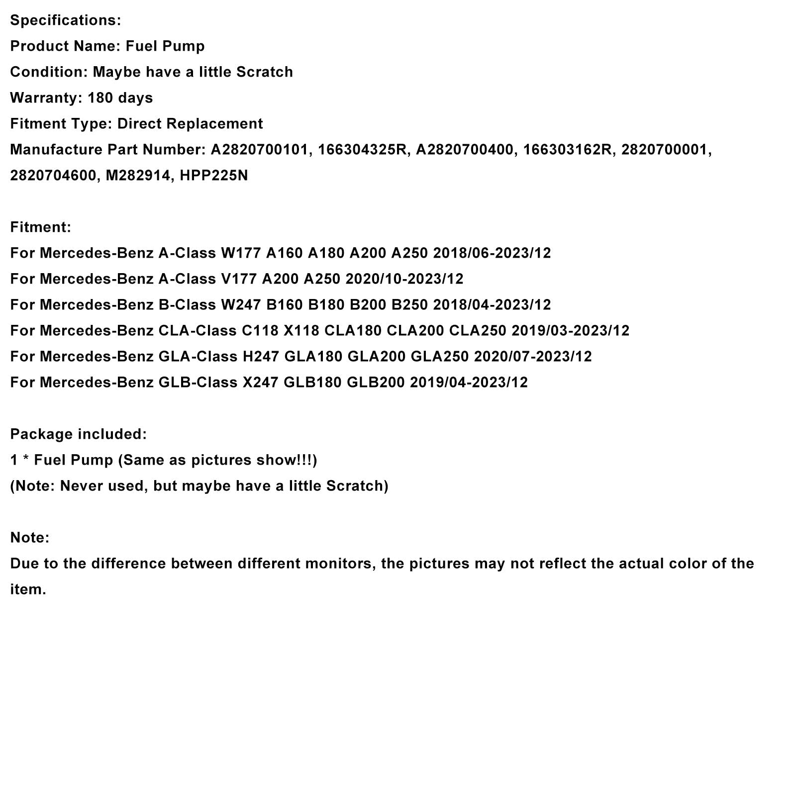 Pompe à carburant haute pression Mercedes-Benz Classe CLA C118 X118 CLA180 CLA200 CLA250 166303162R A2820700101 (mars 2019 - décembre 2023)