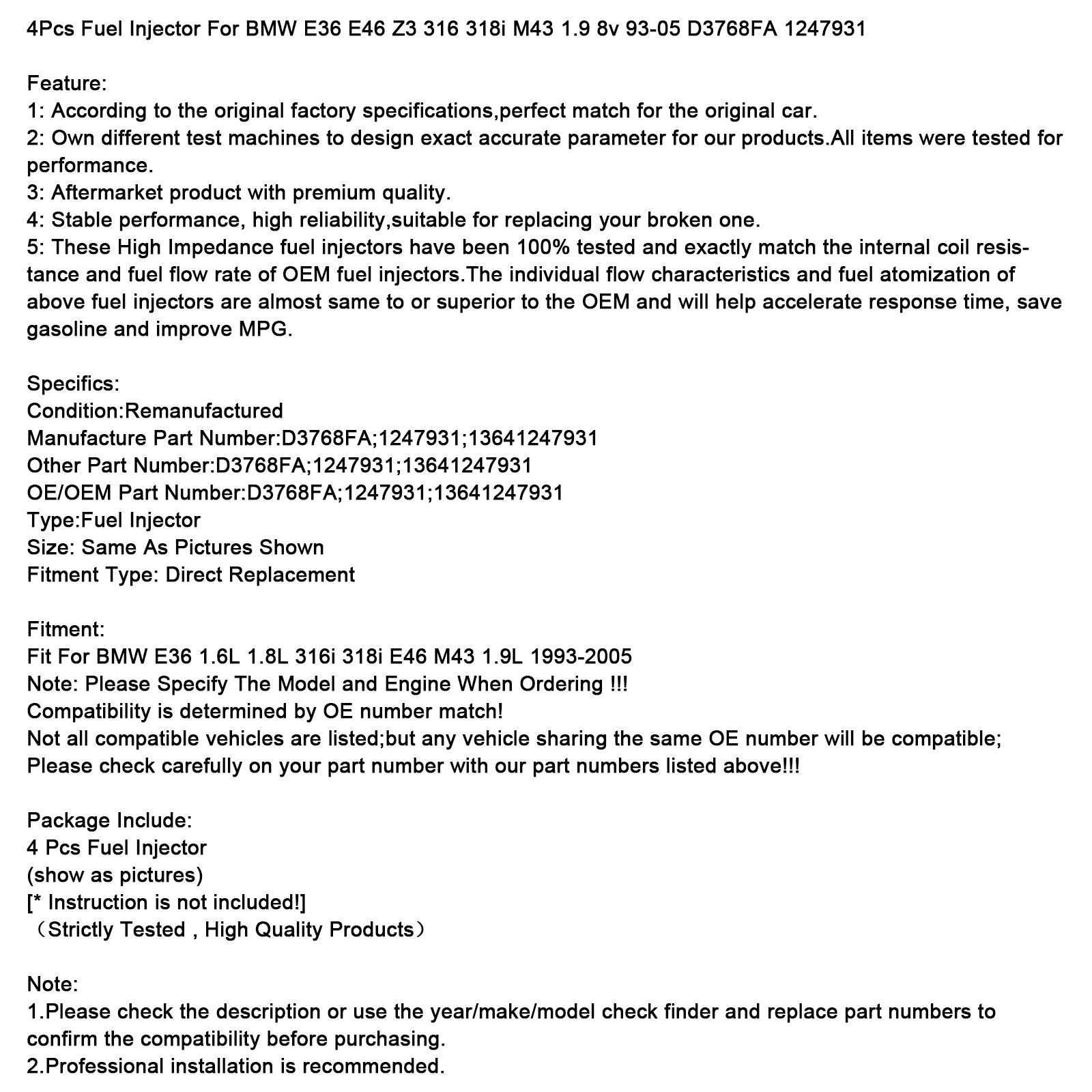 1993-2005 BMW E36 E46 Z3 316 318i M43 1.9 8v 4 pièces injecteur de carburant D3768FA 1247931