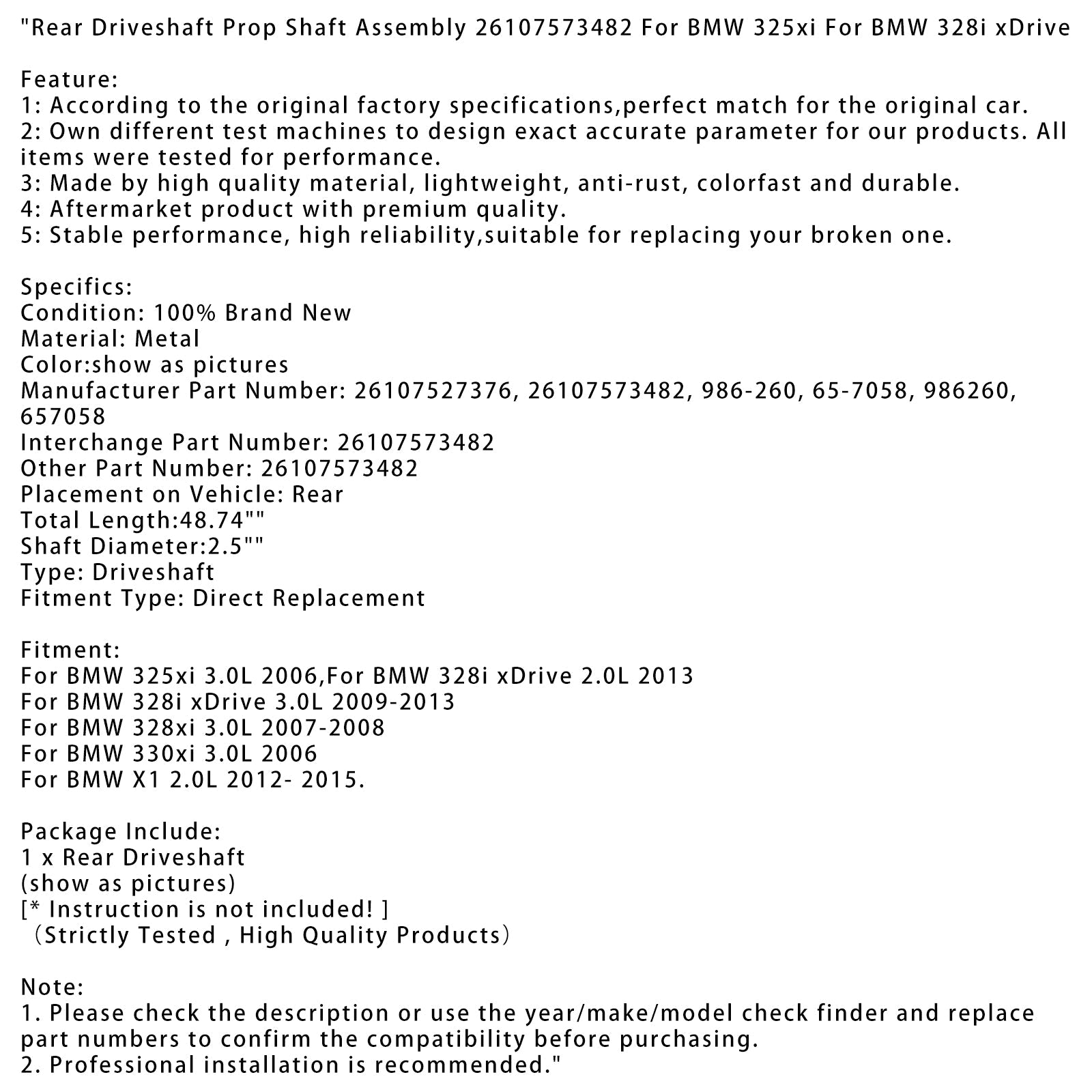 Arbre de transmission arrière pour BMW 328i xDrive 2.0L 2013, assemblage 26107573482 26107527376 986-260