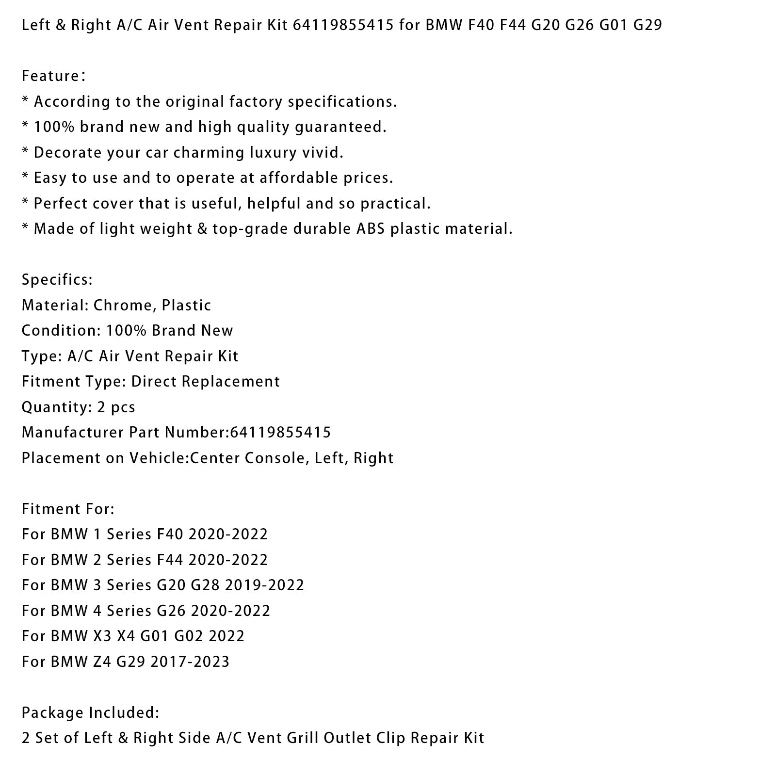 Kit de réparation pour bouches d'aération gauche et droite 64119855415 pour BMW F40 F44 G20 G26 G01 G29