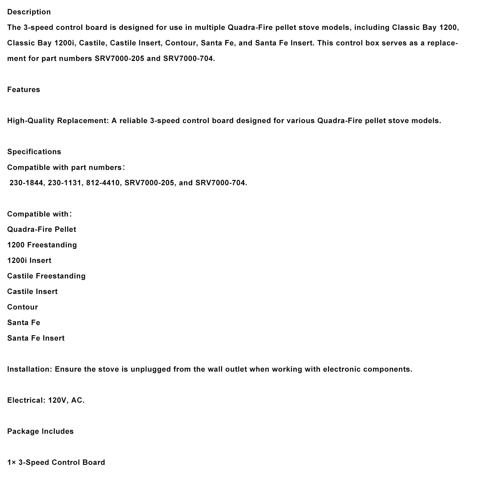 Carte de circuit imprimé pour boîtier de commande à 3 vitesses pour granulés Quadra-Fire SRV7000-205/SRV7000-704