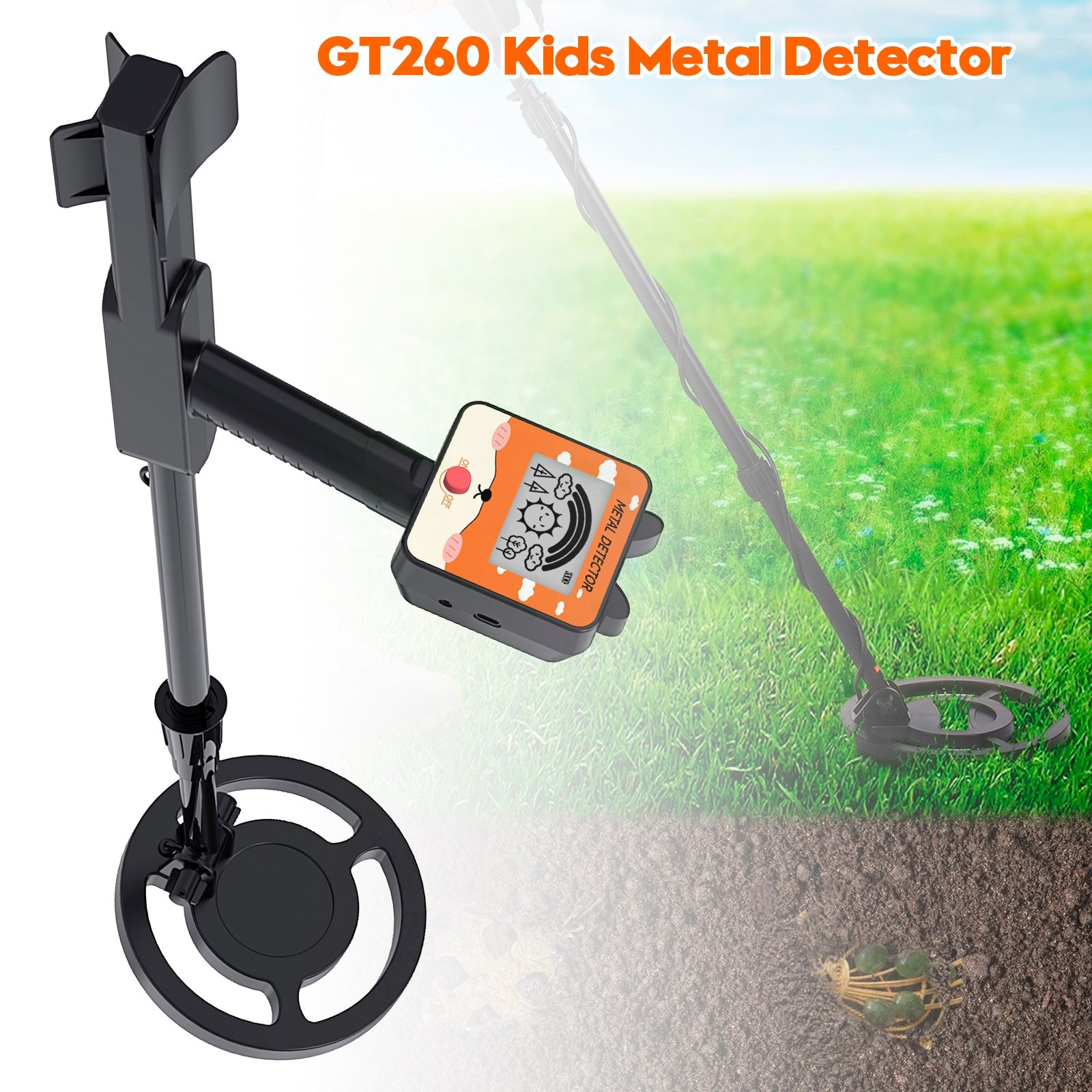 Detector de metales GT260 para niños resistente al agua con bobina de búsqueda de 6,3 pulgadas, color negro