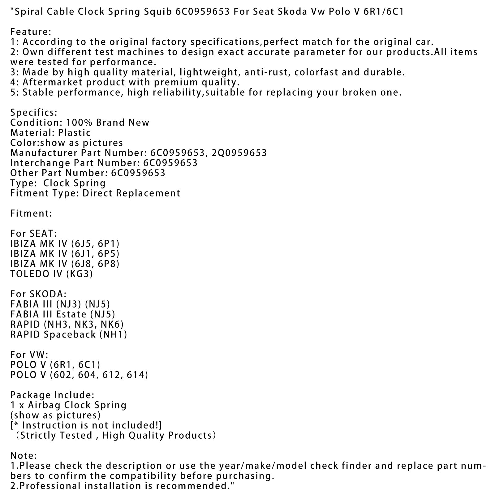 Ura spiralne kabelske ure 6C0959653 za sedež Skoda VW Polo V 6R1/6C1