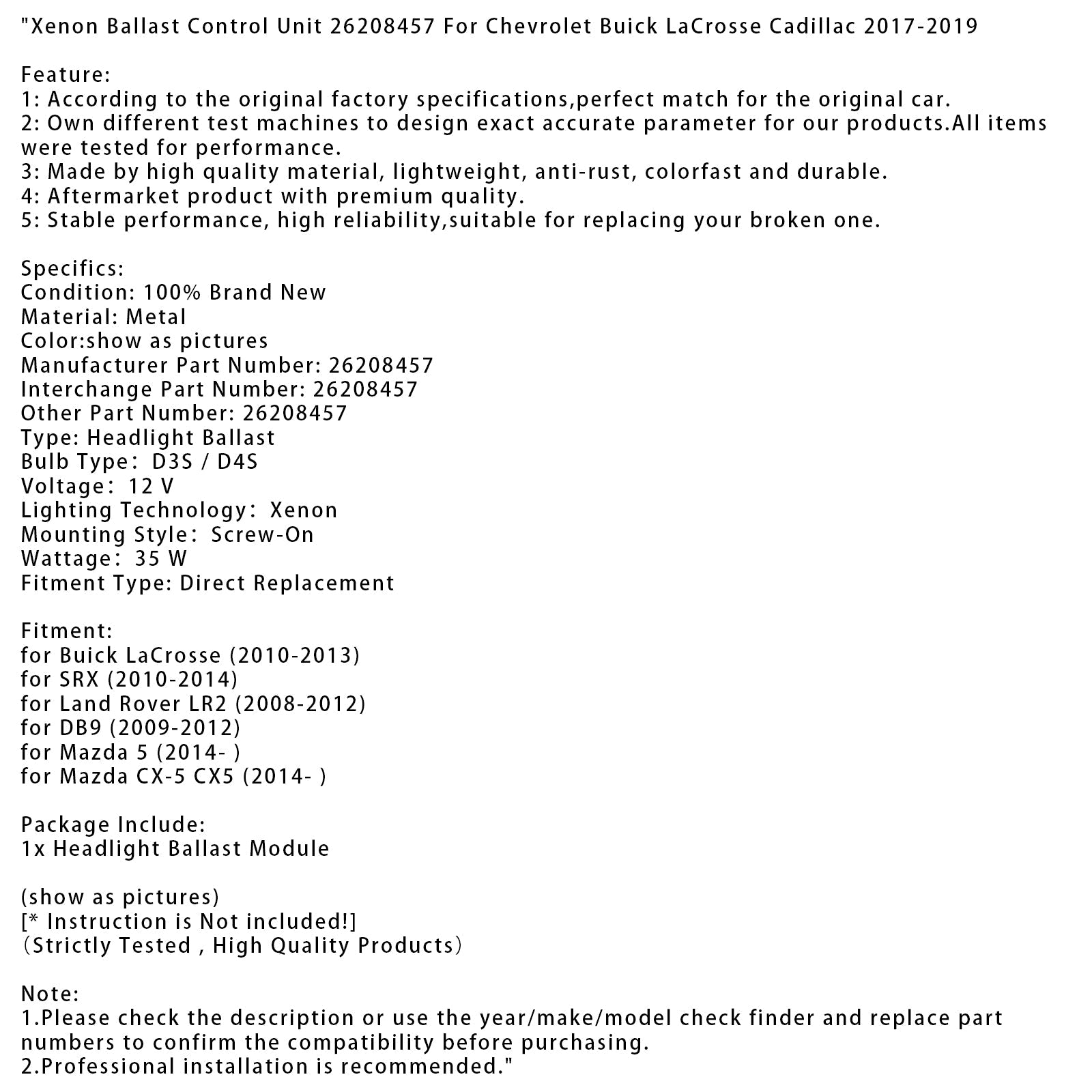 Jednostka sterująca balastem ksenonowym 26208457 dla chevroleta Buick LaCrosse Cadillac 17-19