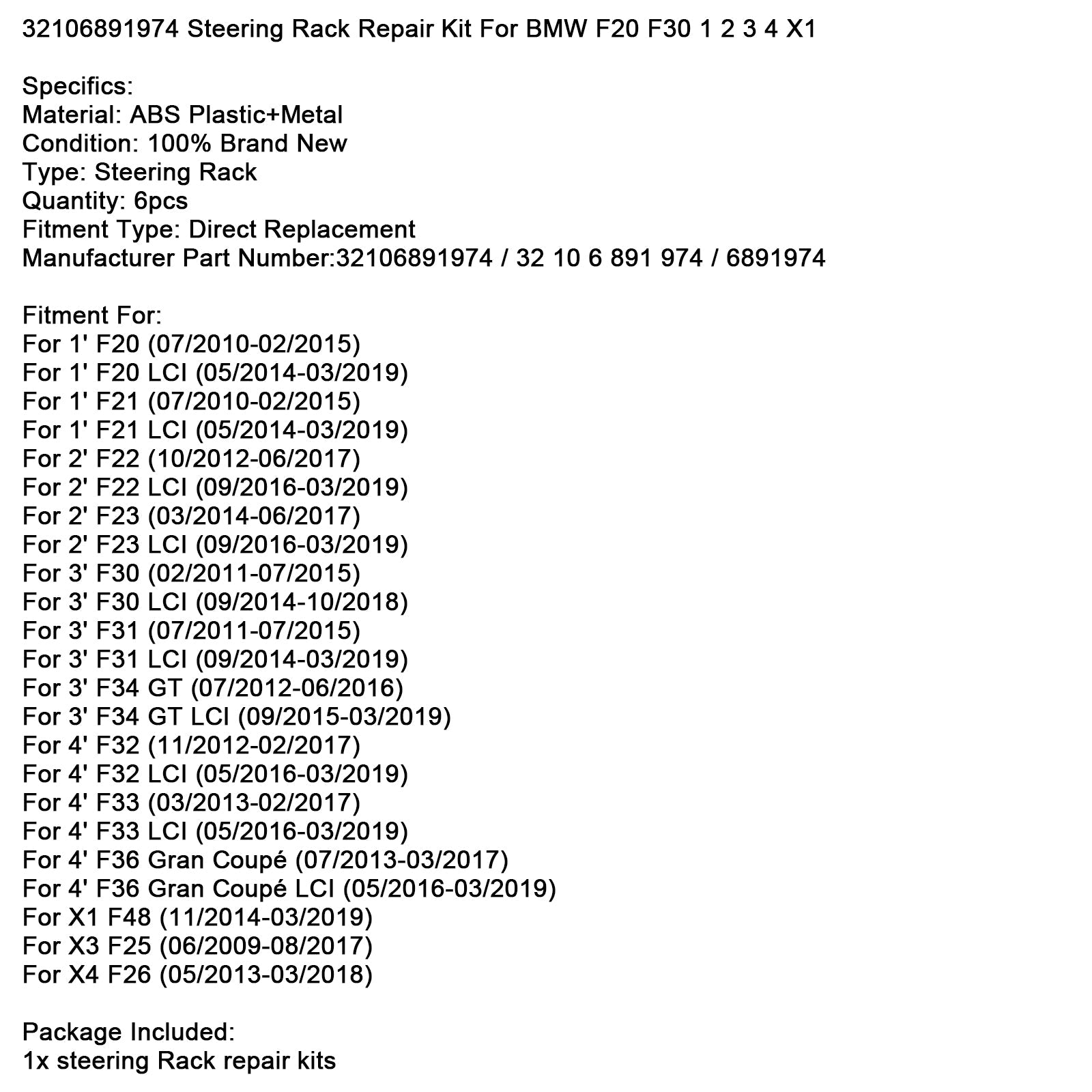 Kit de réparation de crémaillère de direction 6x 32106891974 pour BMW F20 F30 1 2 3 4 X1 X3 X4