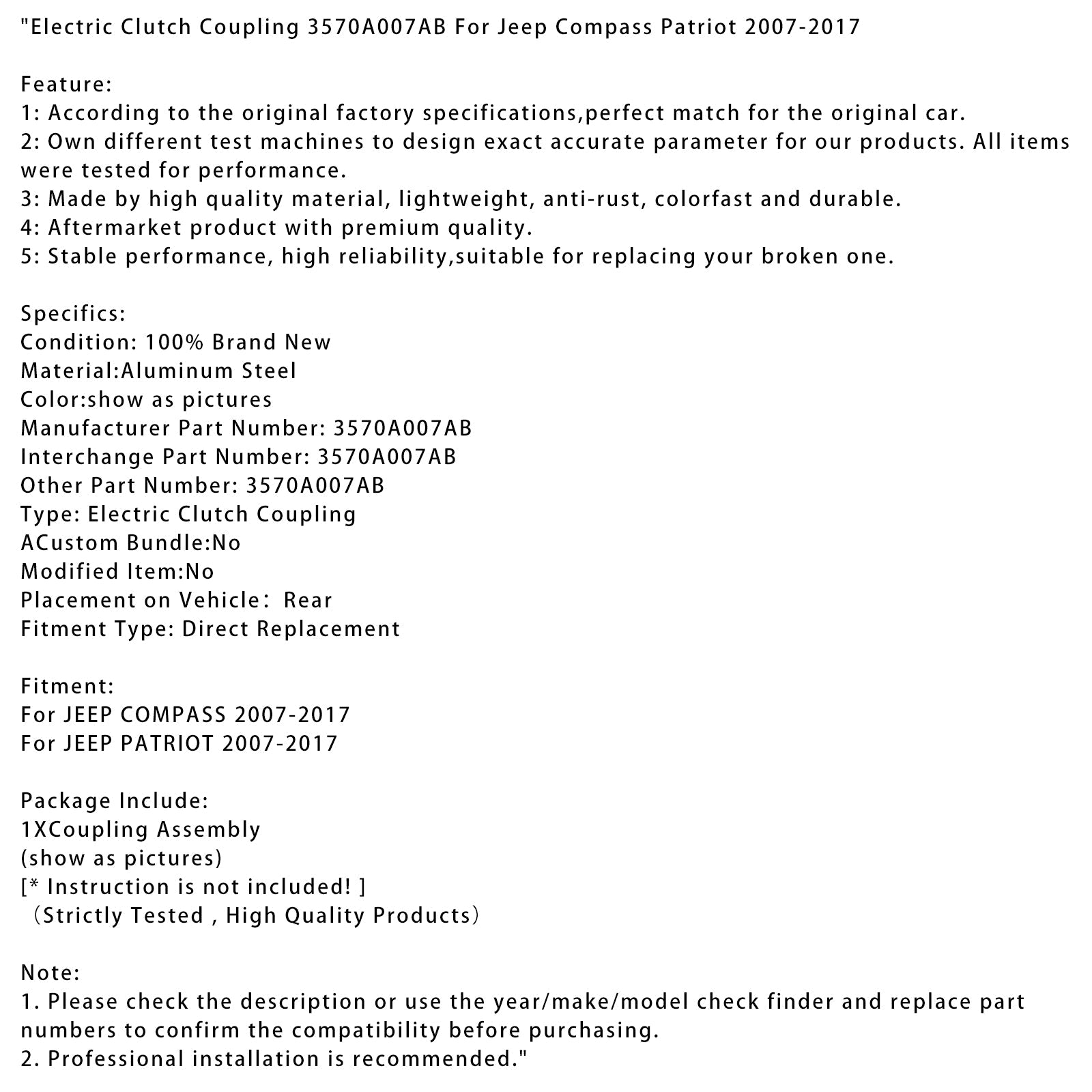 Elektrische koppeling 3570A007AB voor Jeep Compass Patriot 2007-2017