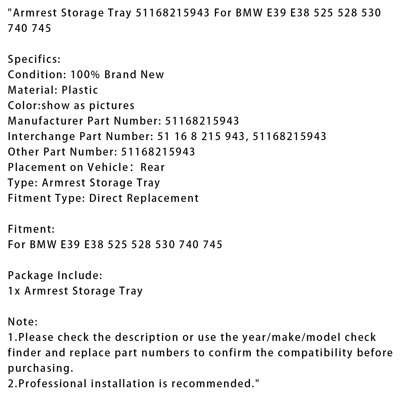 Plateau de rangement pour accoudoir BMW E39 E38 525 528 530 740 745 51168215943