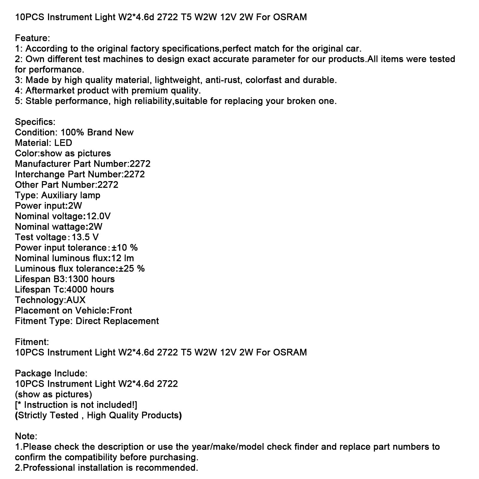 Lot de 10 lampes d'instrument W2*4.6d 2722 T5 W2W 12V 2W pour OSRAM