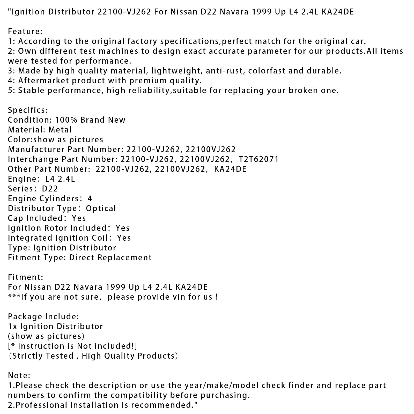 Distributore'Accensione 22100-VJ262 per Nissan Navara D22 L4 2.4L KA24DE (dal 1999)
