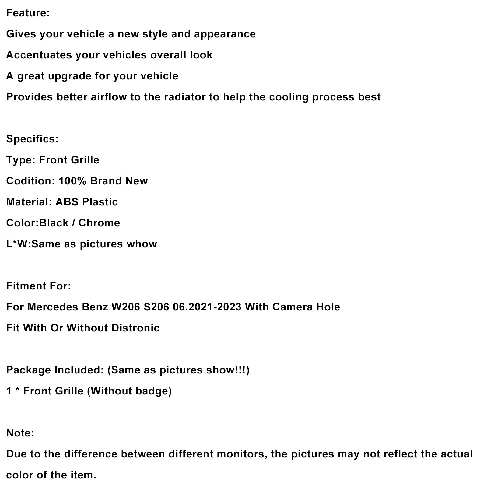 Parrilla de parachoques delantera estilo Mercedes Benz GT-R W206 2022-2023 con cámara