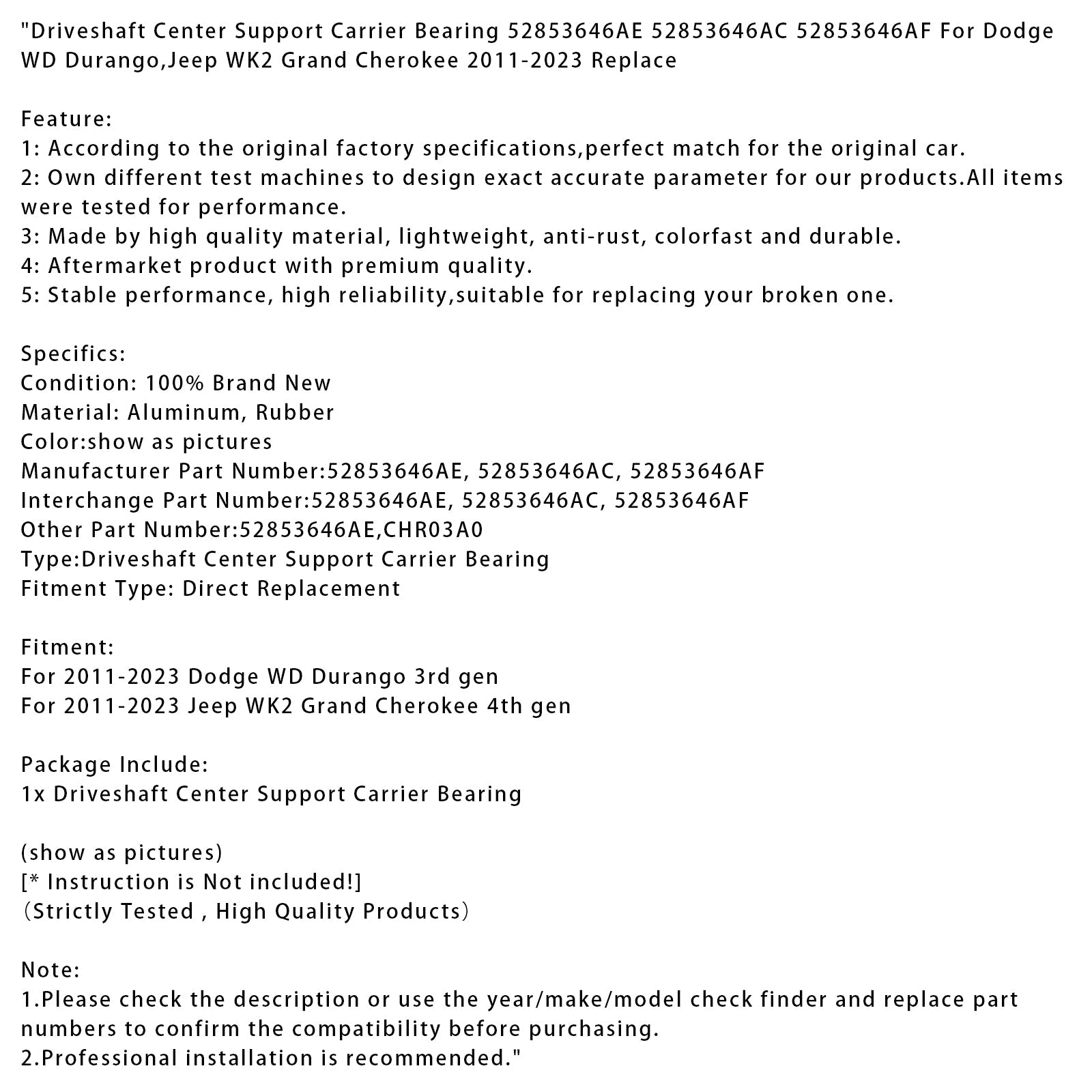 Cojinete de soporte central d'Eje de transmisión 52853646AE para Dodge WD Durango