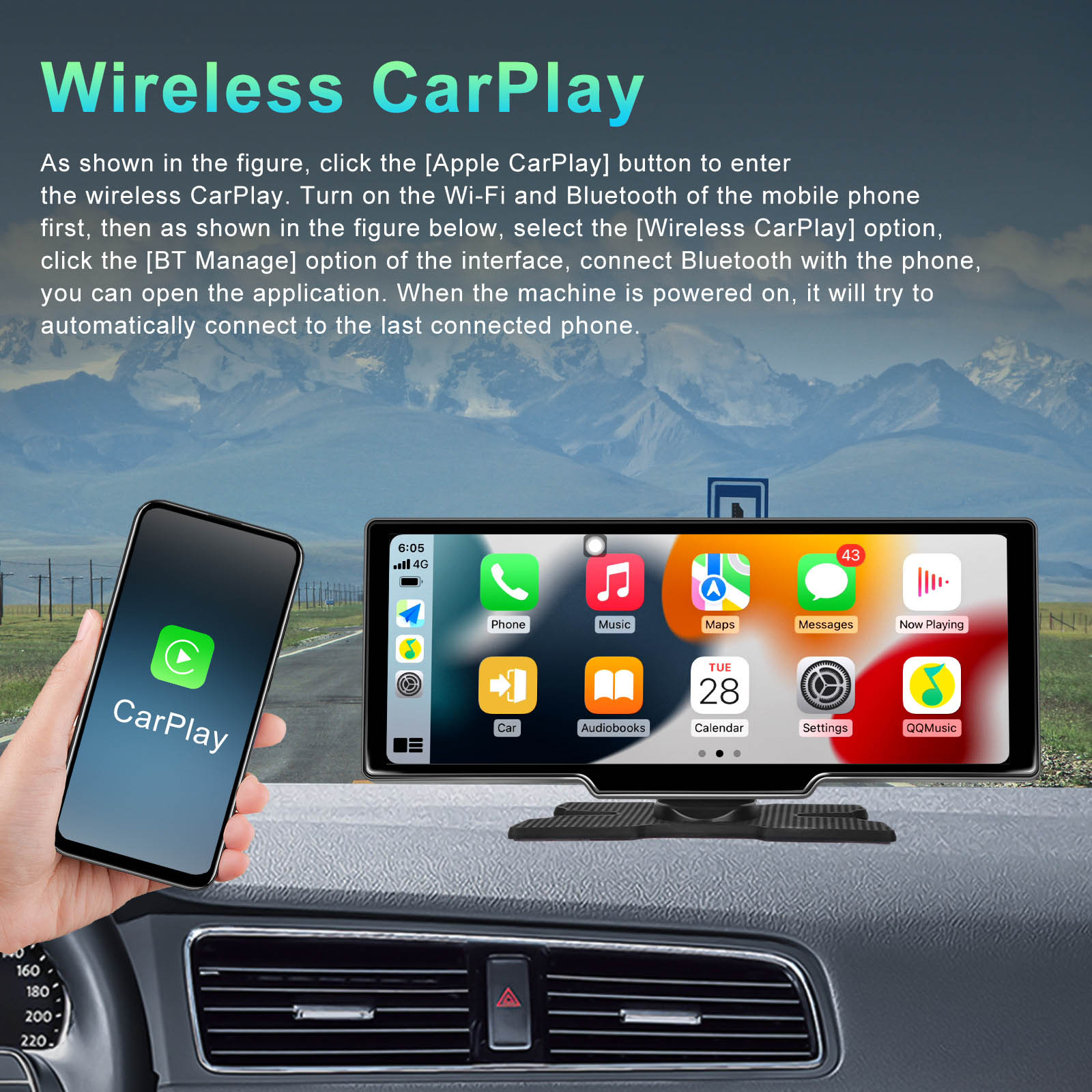 10,26"" Portable Bluetooth Navigation de voiture sans fil Carplay HD Grand écran tactile